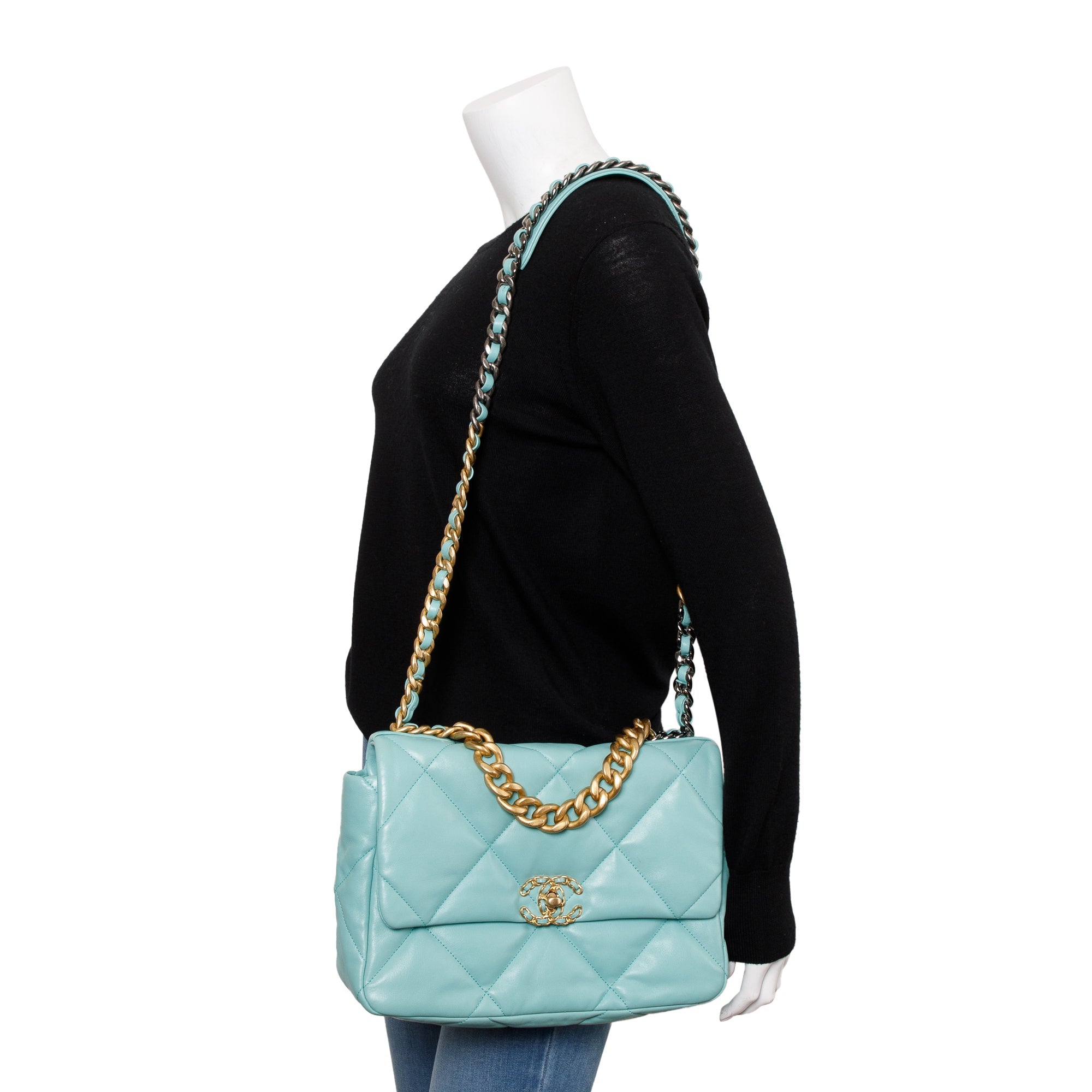 Chanel 2021 Tiffany Blue Lambskin Leather Large 19 Flap Bag w/ Box & Authenticity Card