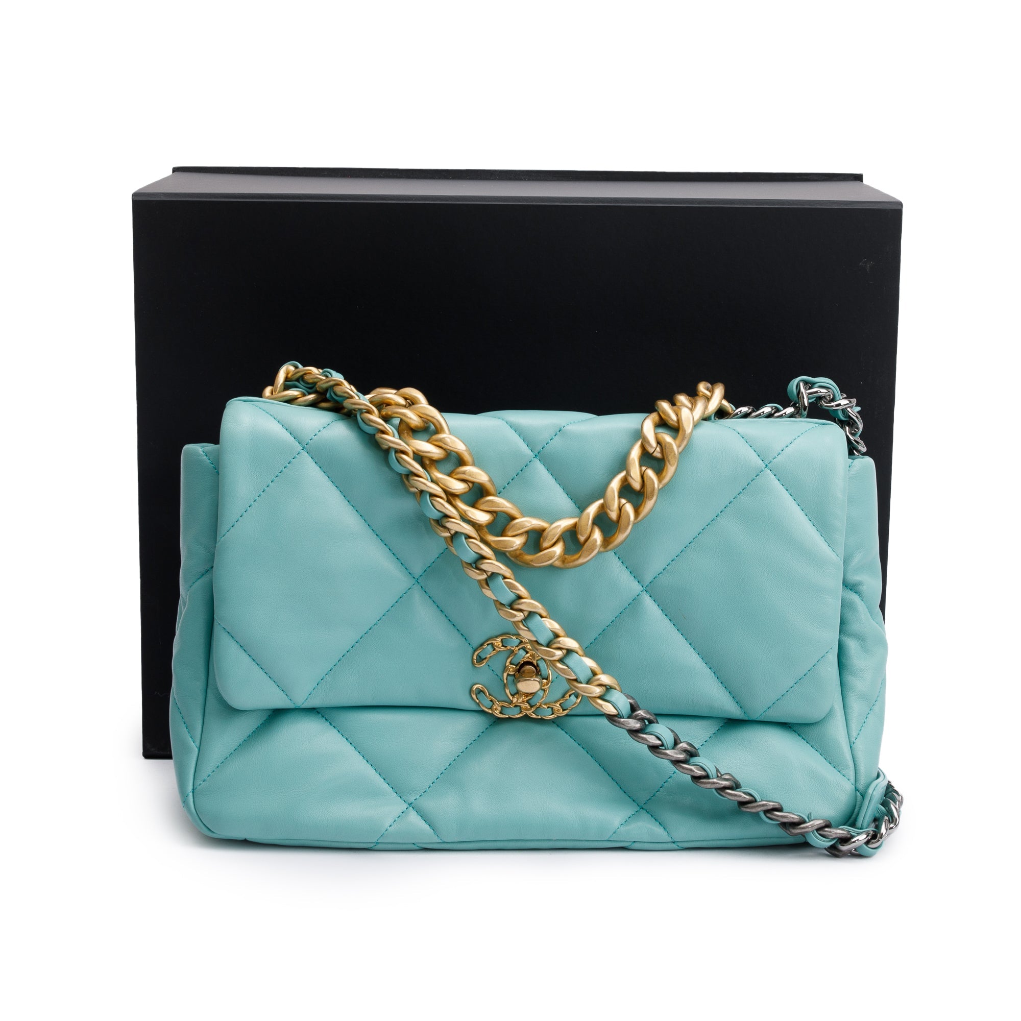 Chanel 2021 Tiffany Blue Lambskin Leather Large 19 Flap Bag w/ Box & Authenticity Card