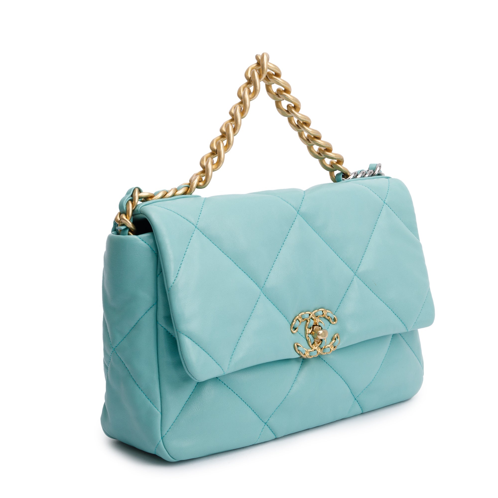 Chanel 2021 Tiffany Blue Lambskin Leather Large 19 Flap Bag w/ Box & Authenticity Card