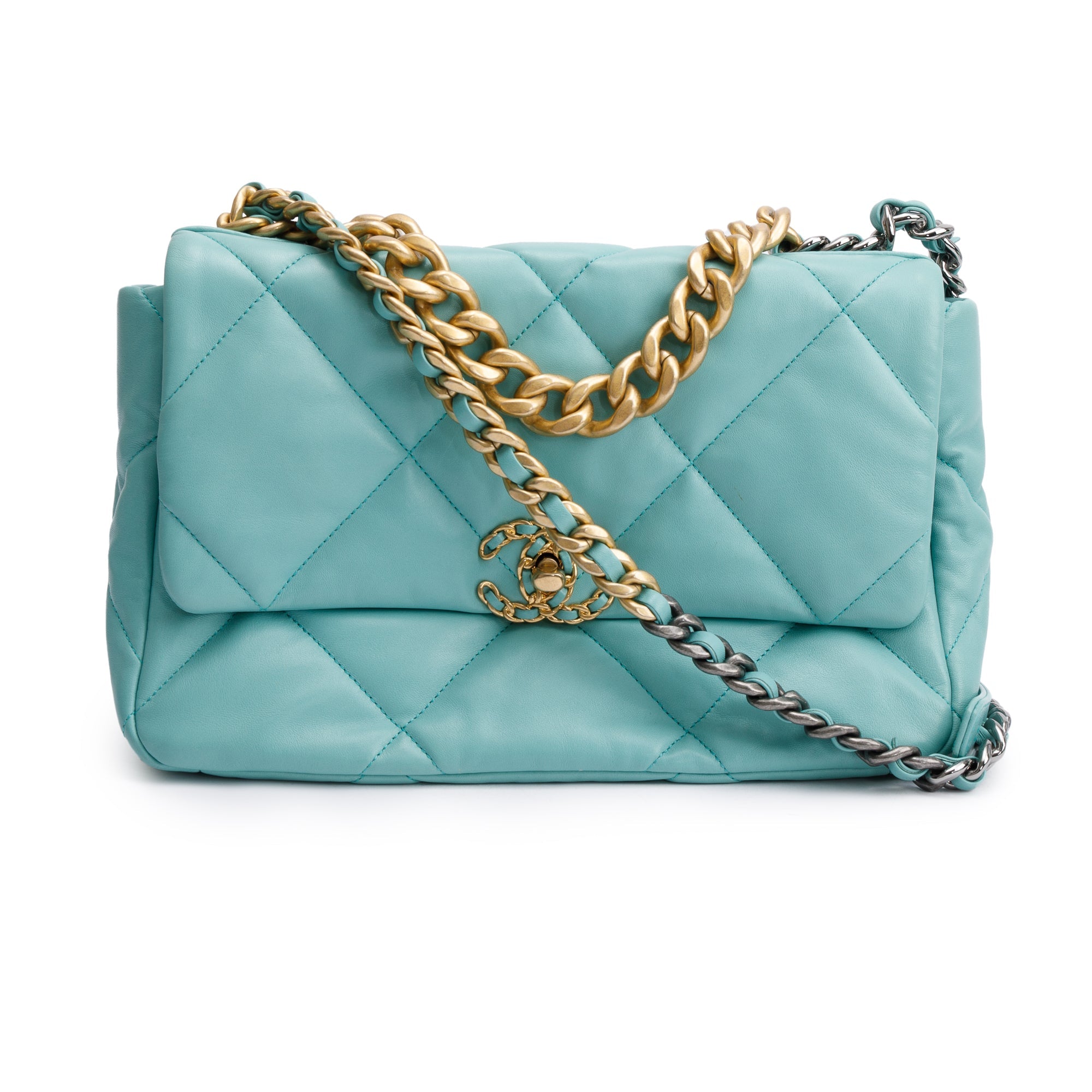 Chanel 2021 Tiffany Blue Lambskin Leather Large 19 Flap Bag w/ Box & Authenticity Card