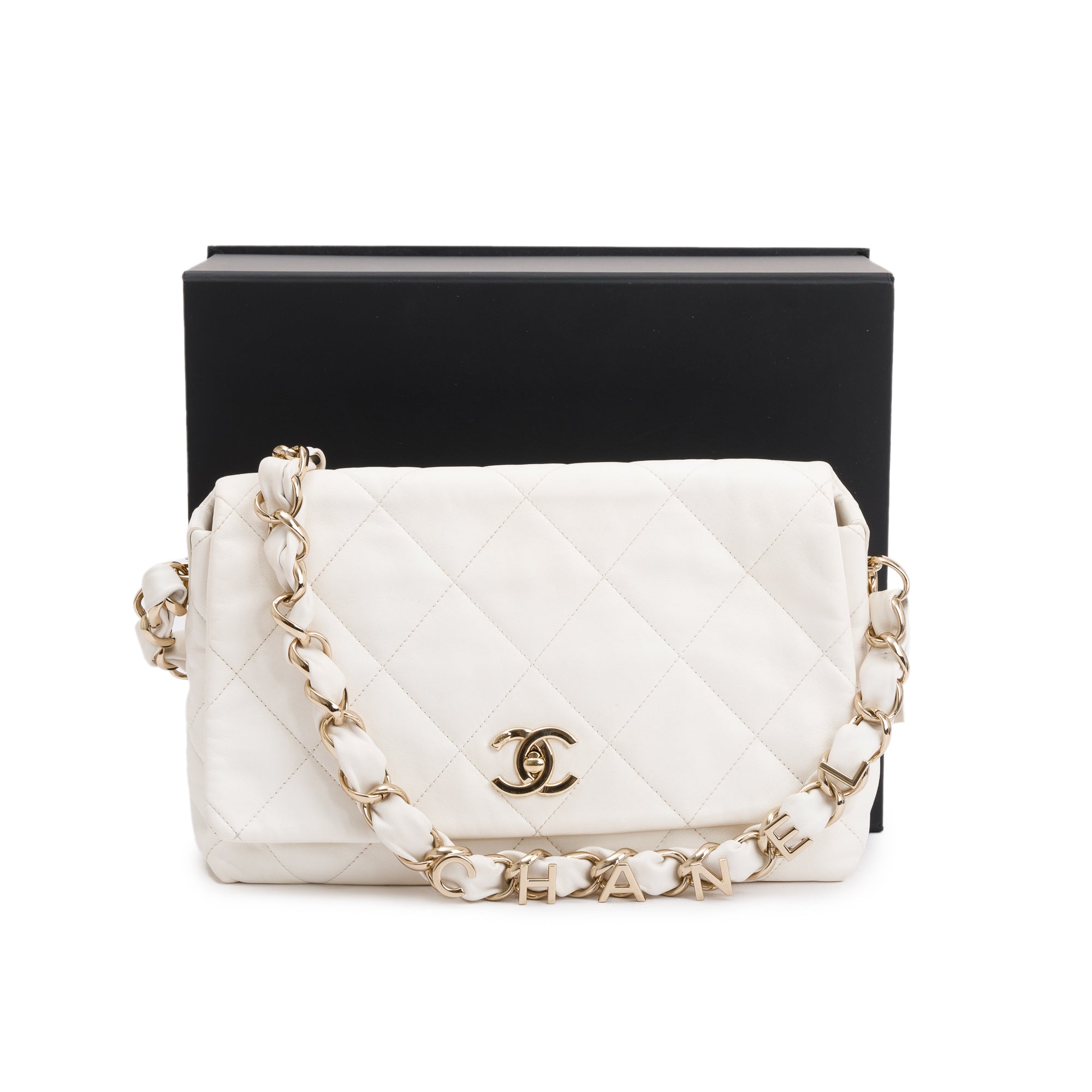 Chanel 2021 White Calfskin Leather Medium Logo Strap Flap Bag w/ Box, Authenticity Card & Receipt