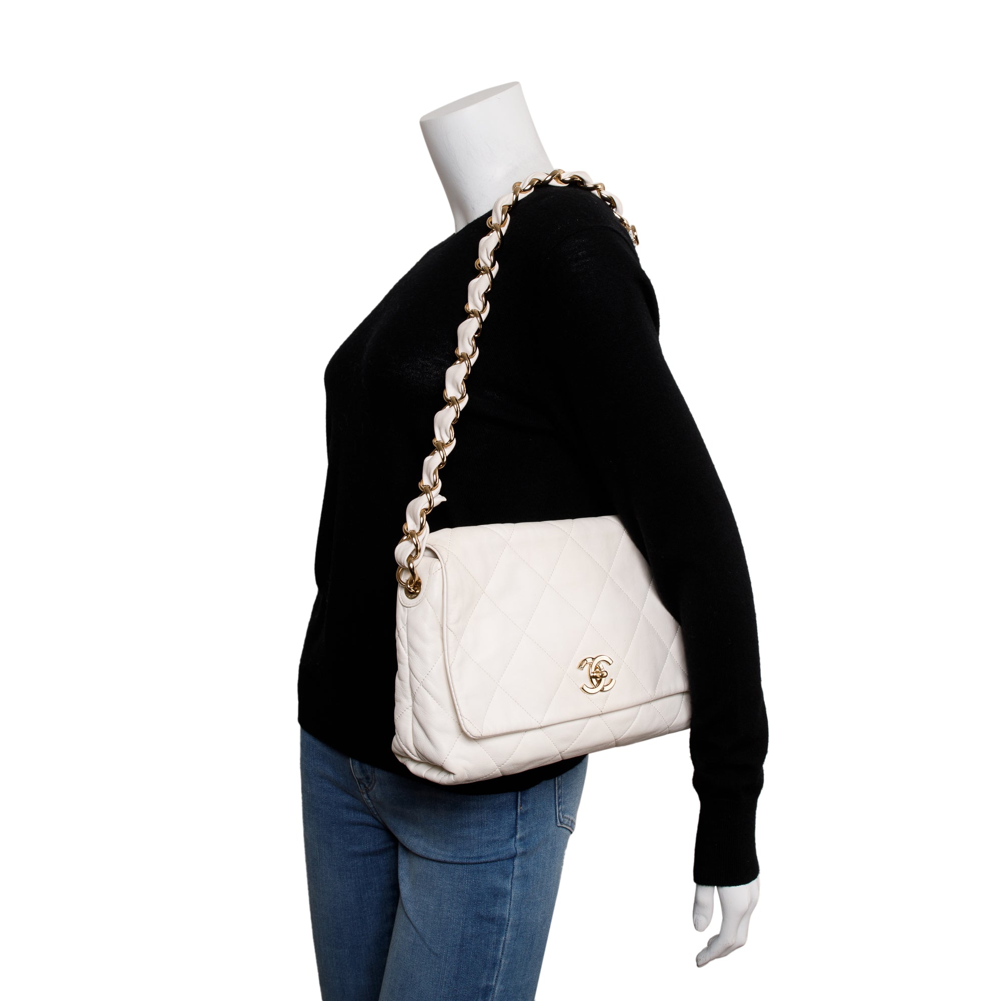 Chanel 2021 White Calfskin Leather Medium Logo Strap Flap Bag w/ Box, Authenticity Card & Receipt