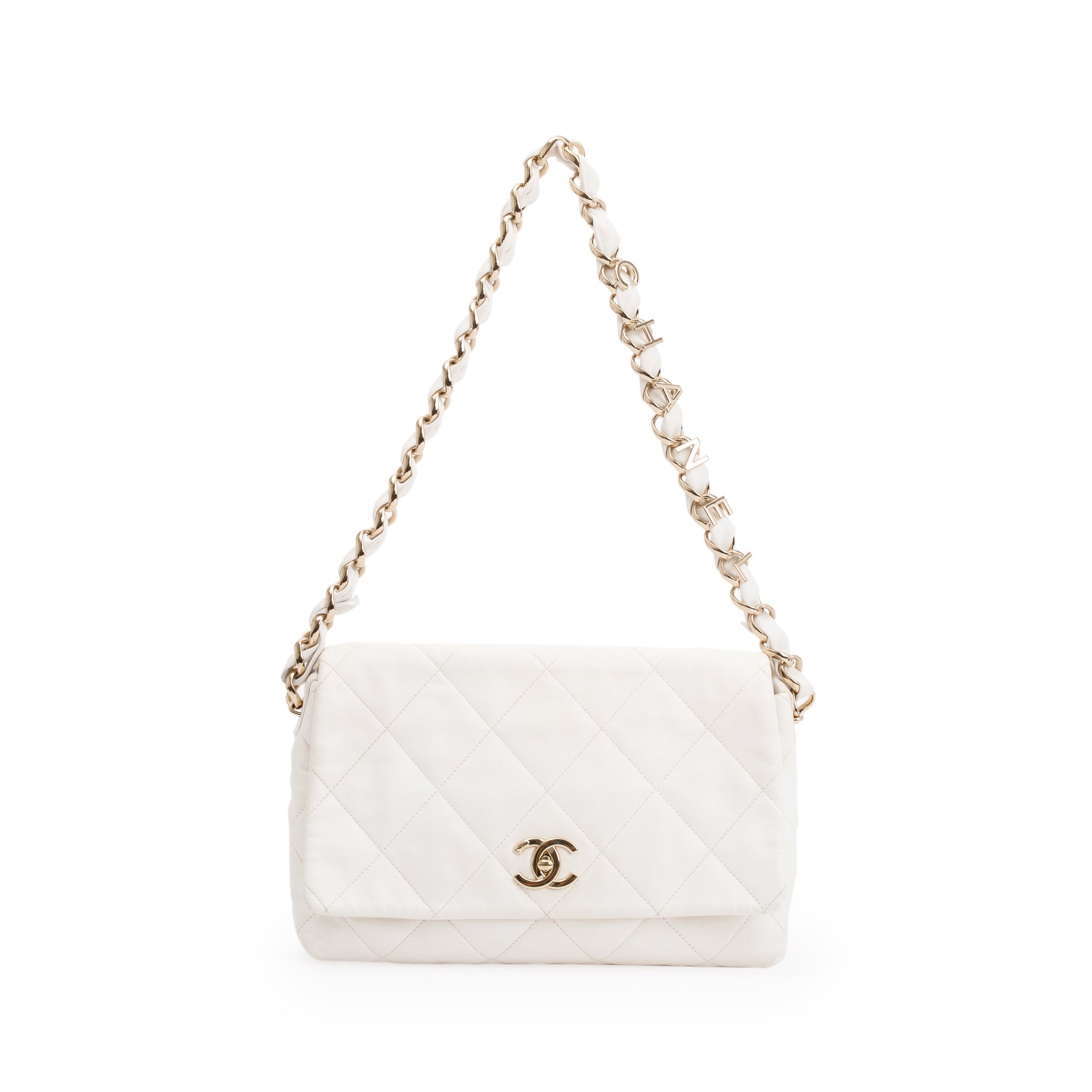 Chanel 2021 White Calfskin Leather Medium Logo Strap Flap Bag w/ Box, Authenticity Card & Receipt