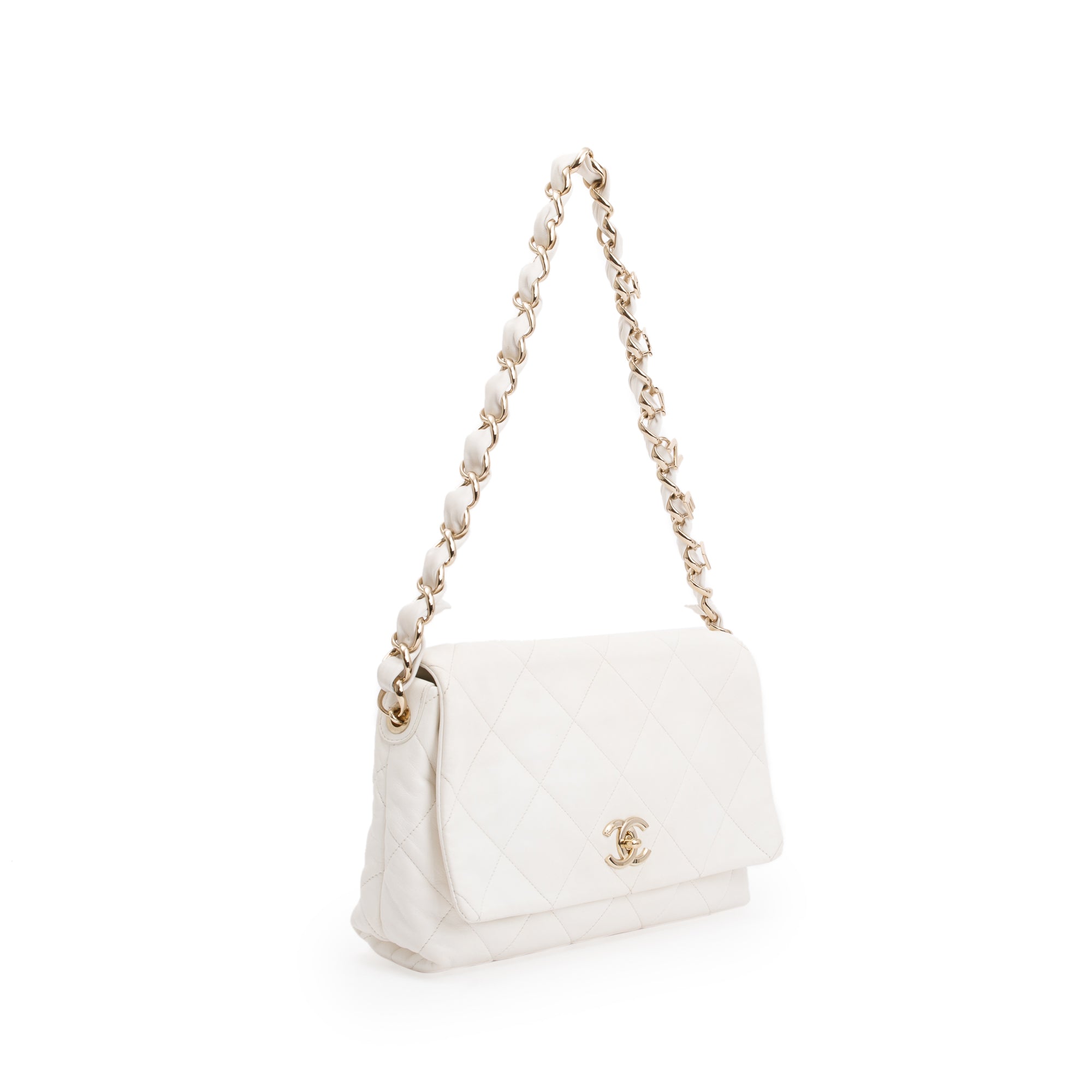 Chanel 2021 White Calfskin Leather Medium Logo Strap Flap Bag w/ Box, Authenticity Card & Receipt