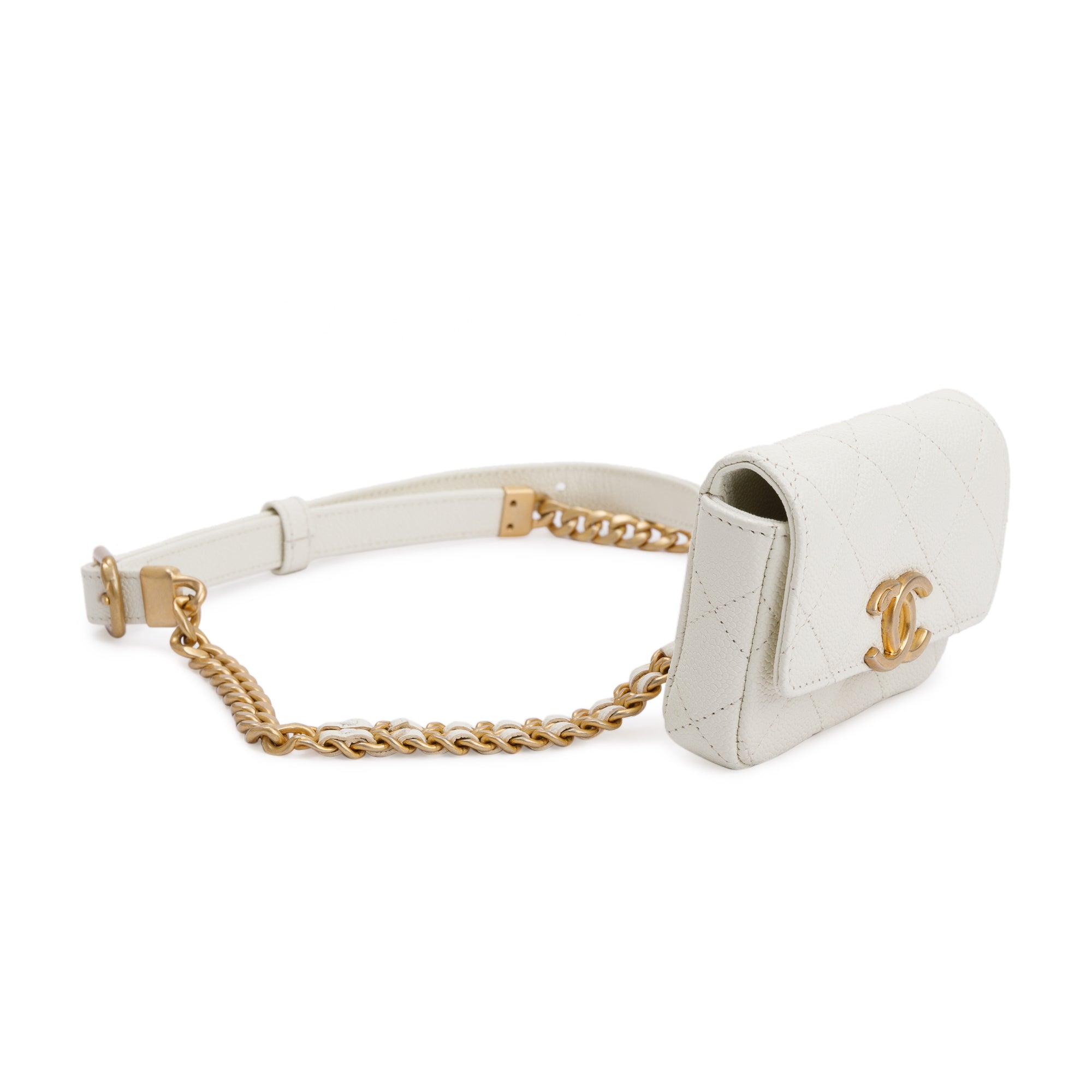 Chanel 2021 White Caviar Leather CC Flap Card Holder Belt Bag w/ Authenticity Card