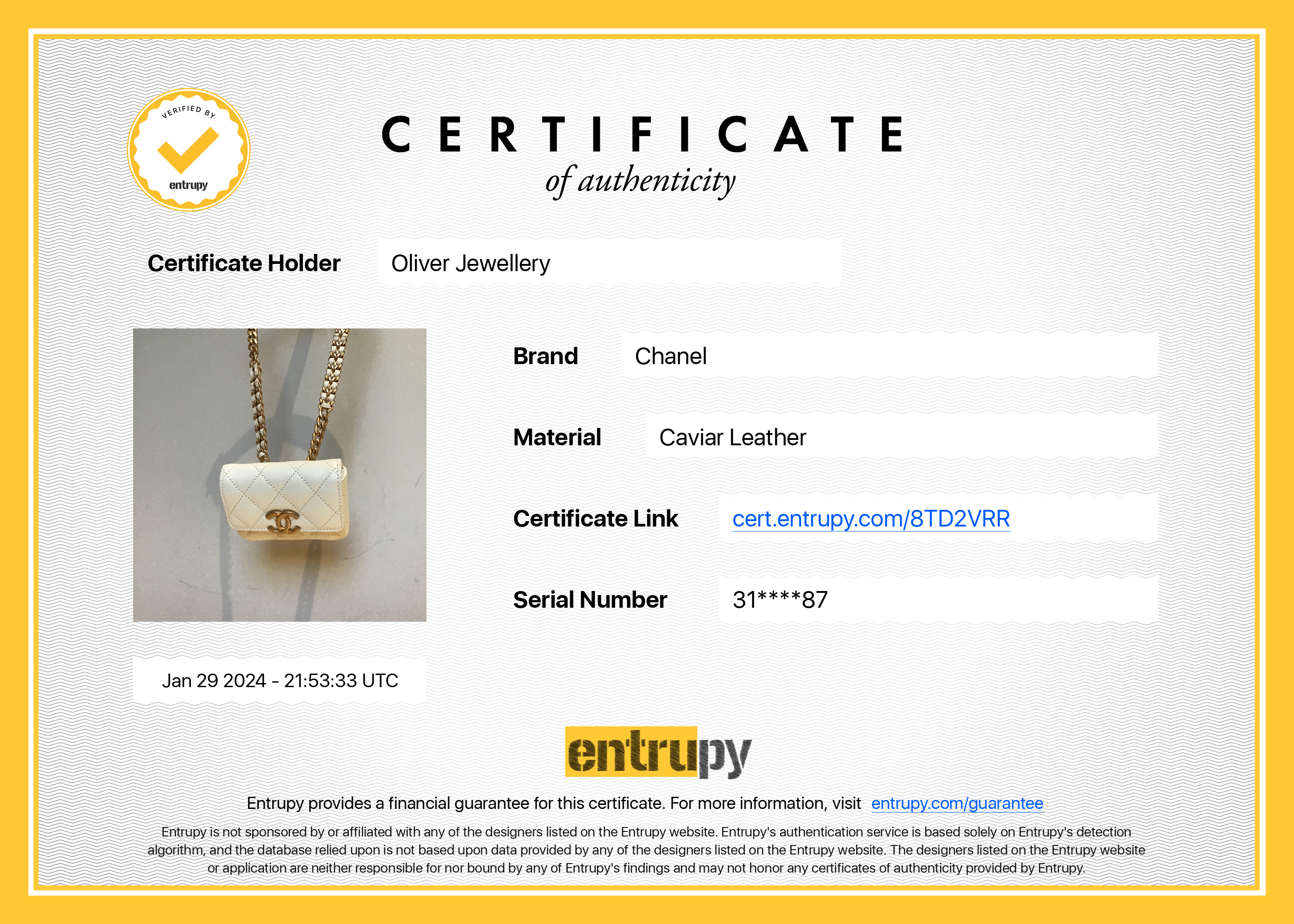 Chanel 2021 White Caviar Leather CC Flap Card Holder Belt Bag w/ Authenticity Card