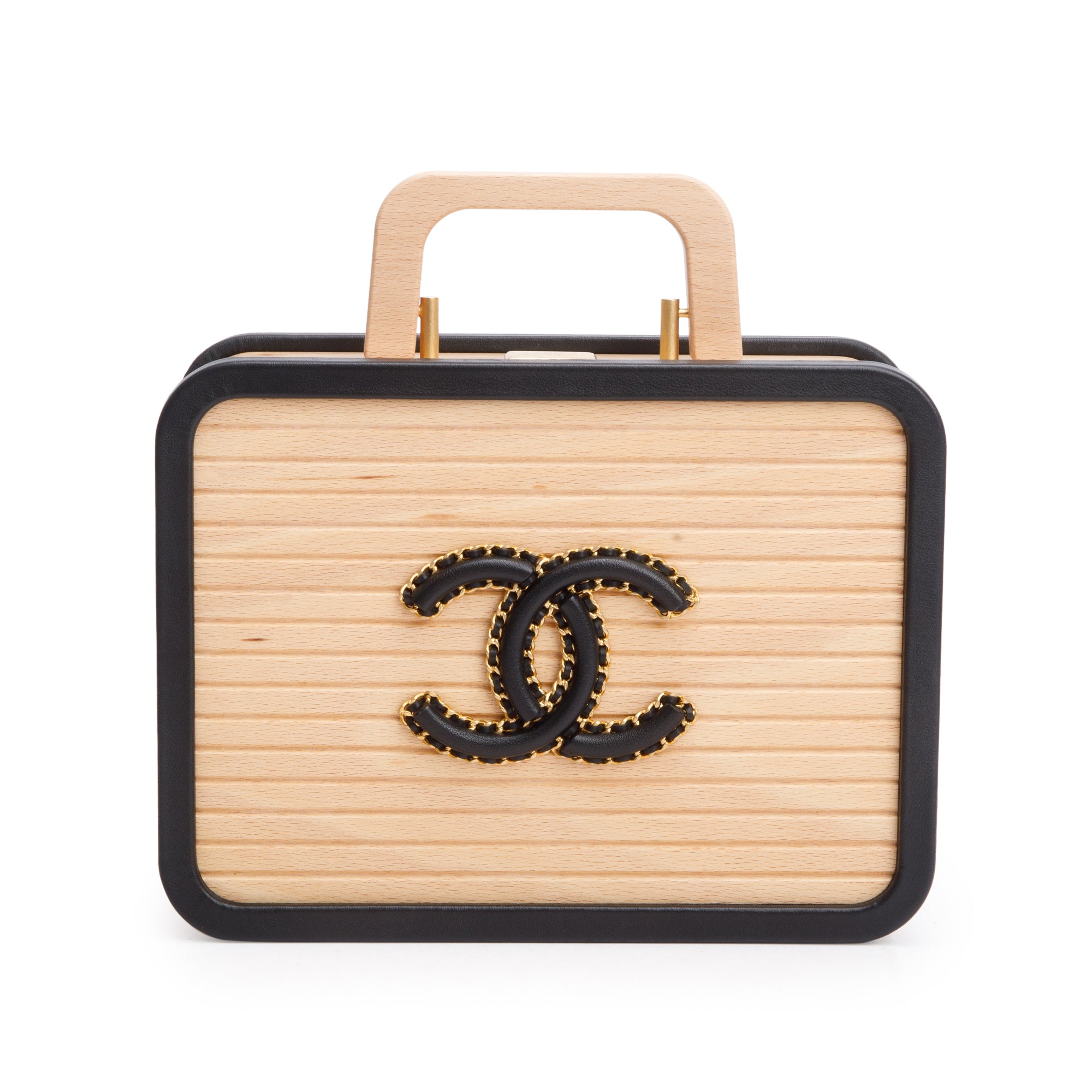 Chanel 2022 Beige Beech Wood Black Lambskin Leather Medium CC Vanity Case w/ Box