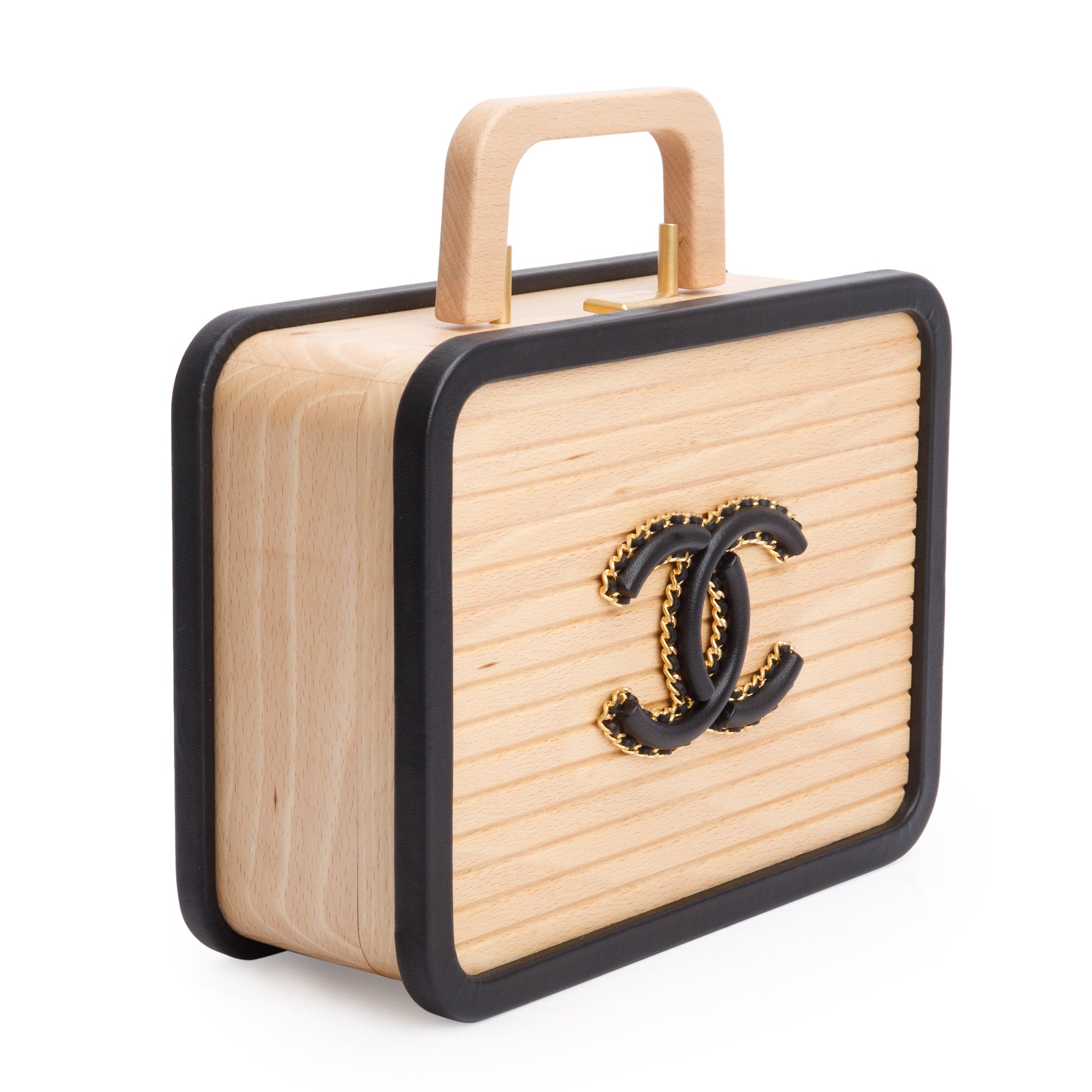 Chanel 2022 Beige Beech Wood Black Lambskin Leather Medium CC Vanity Case w/ Box