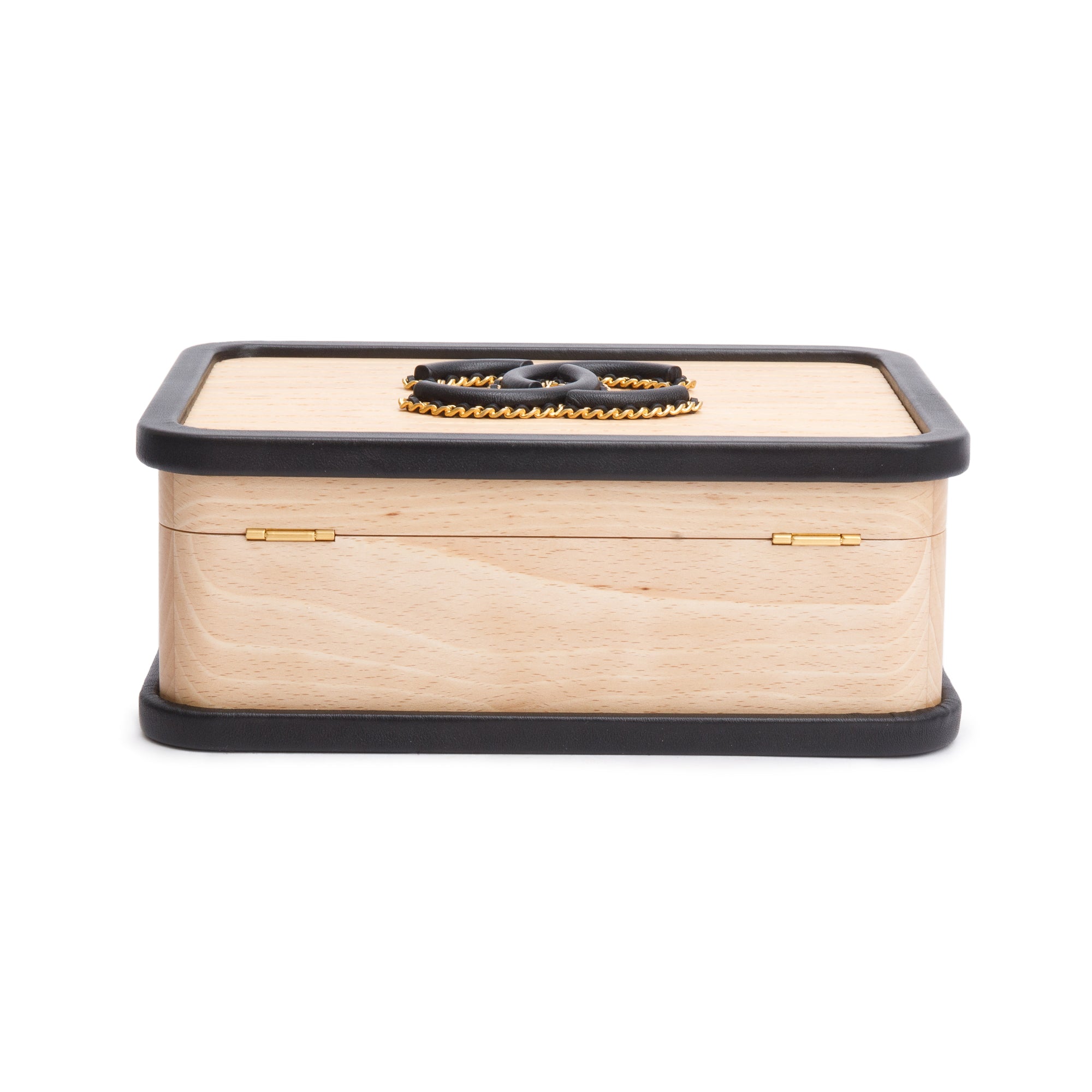 Chanel 2022 Beige Beech Wood Black Lambskin Leather Medium CC Vanity Case w/ Box