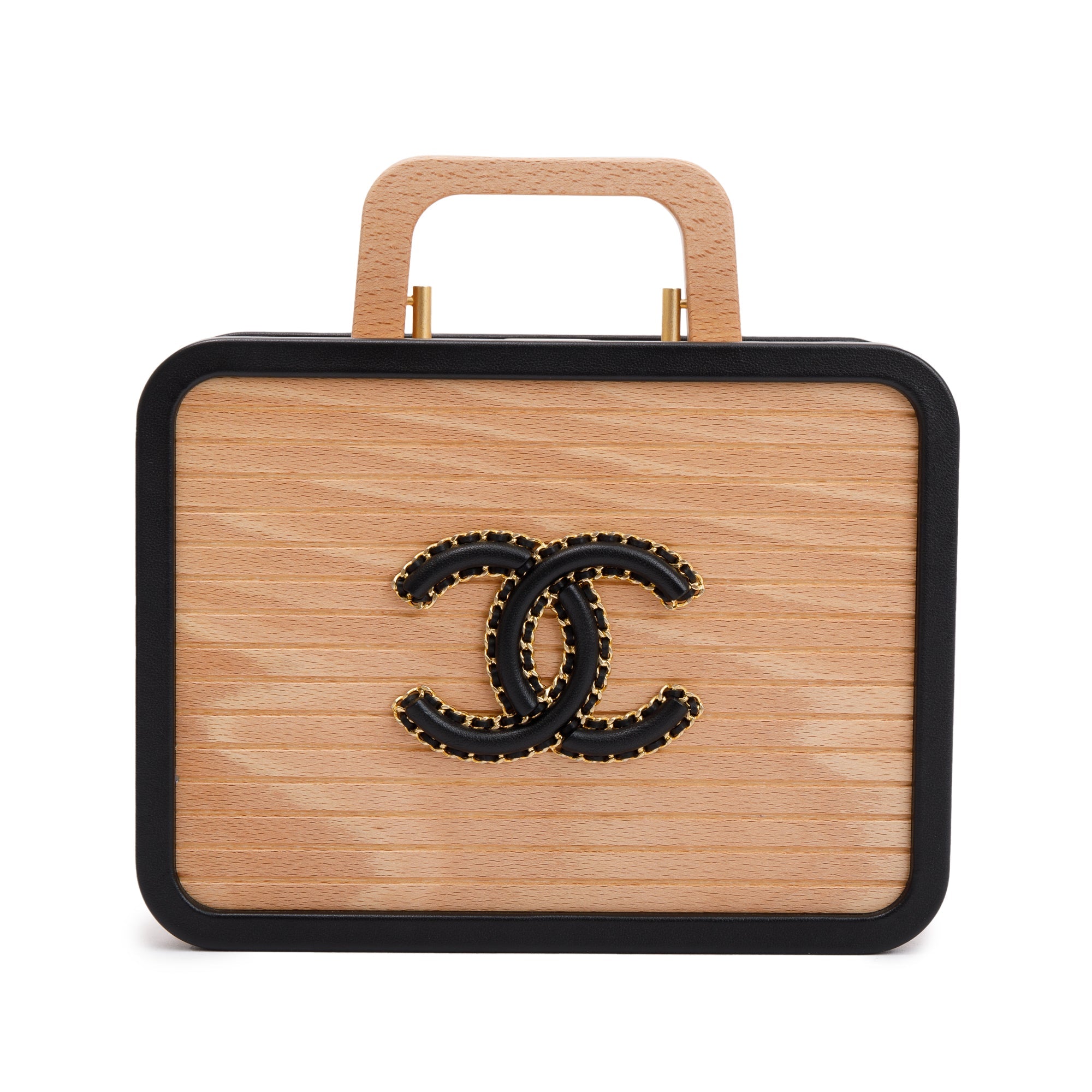 Chanel 2022 Beige Beech Wood Black Lambskin Leather Medium CC Vanity Case w/ Box & Receipt