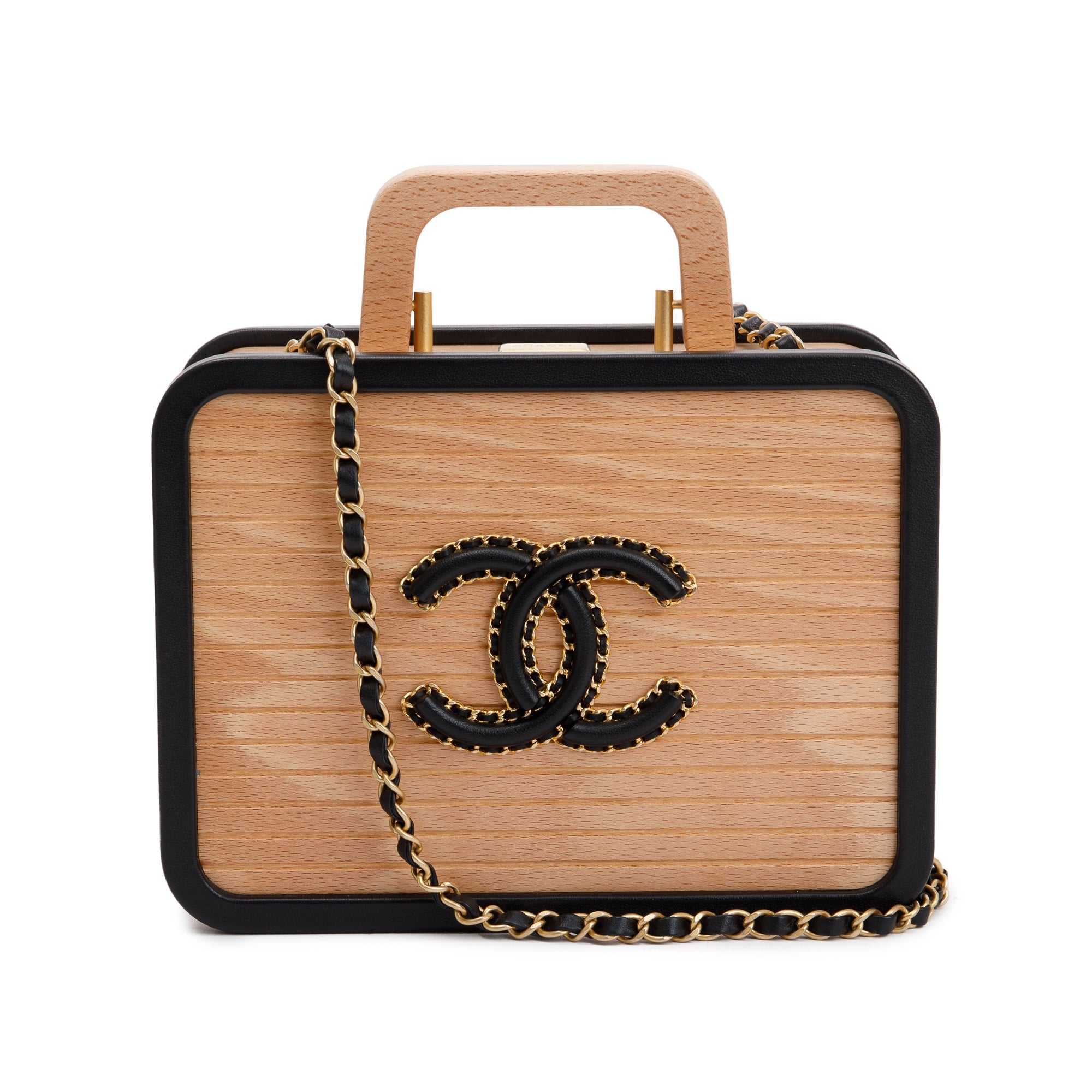 Chanel 2022 Beige Beech Wood Black Lambskin Leather Medium CC Vanity Case w/ Box & Receipt