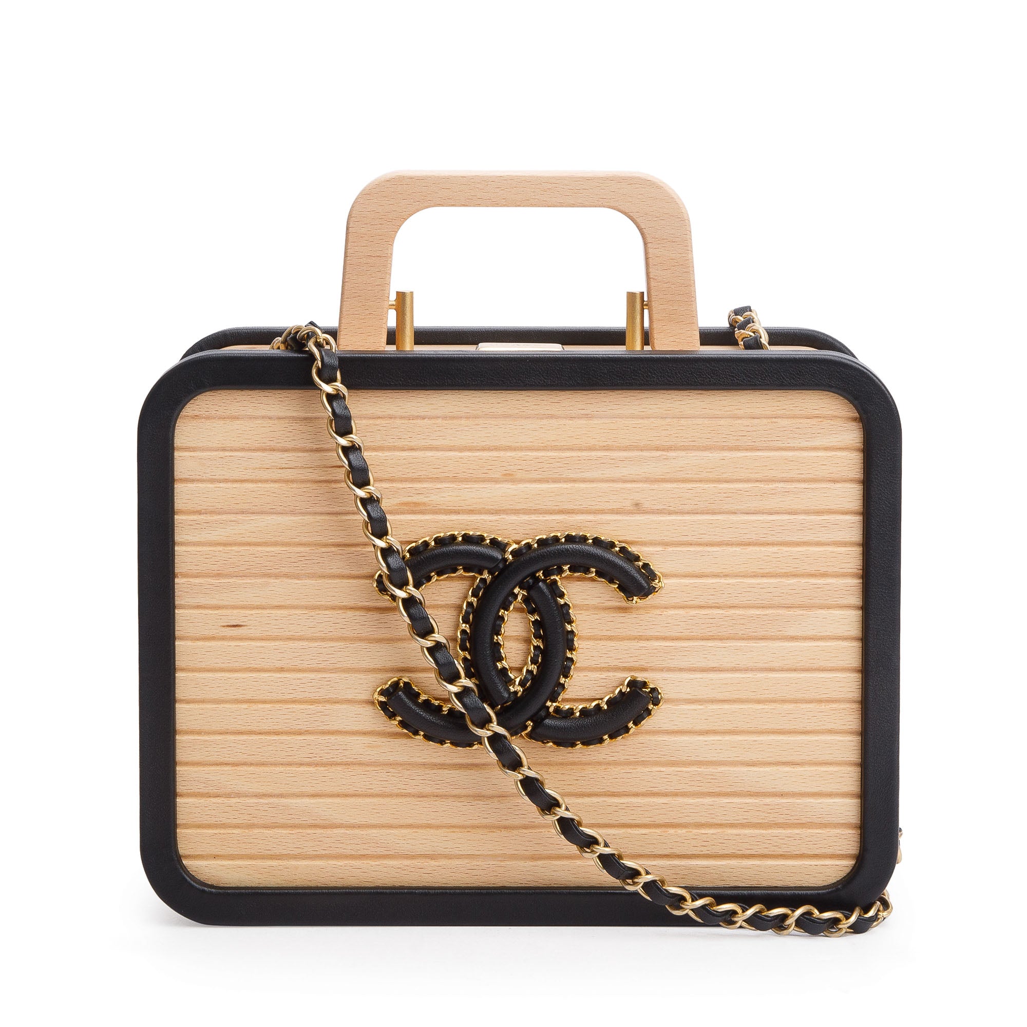 Chanel 2022 Beige Beech Wood Black Lambskin Leather Medium CC Vanity Case w/ Box