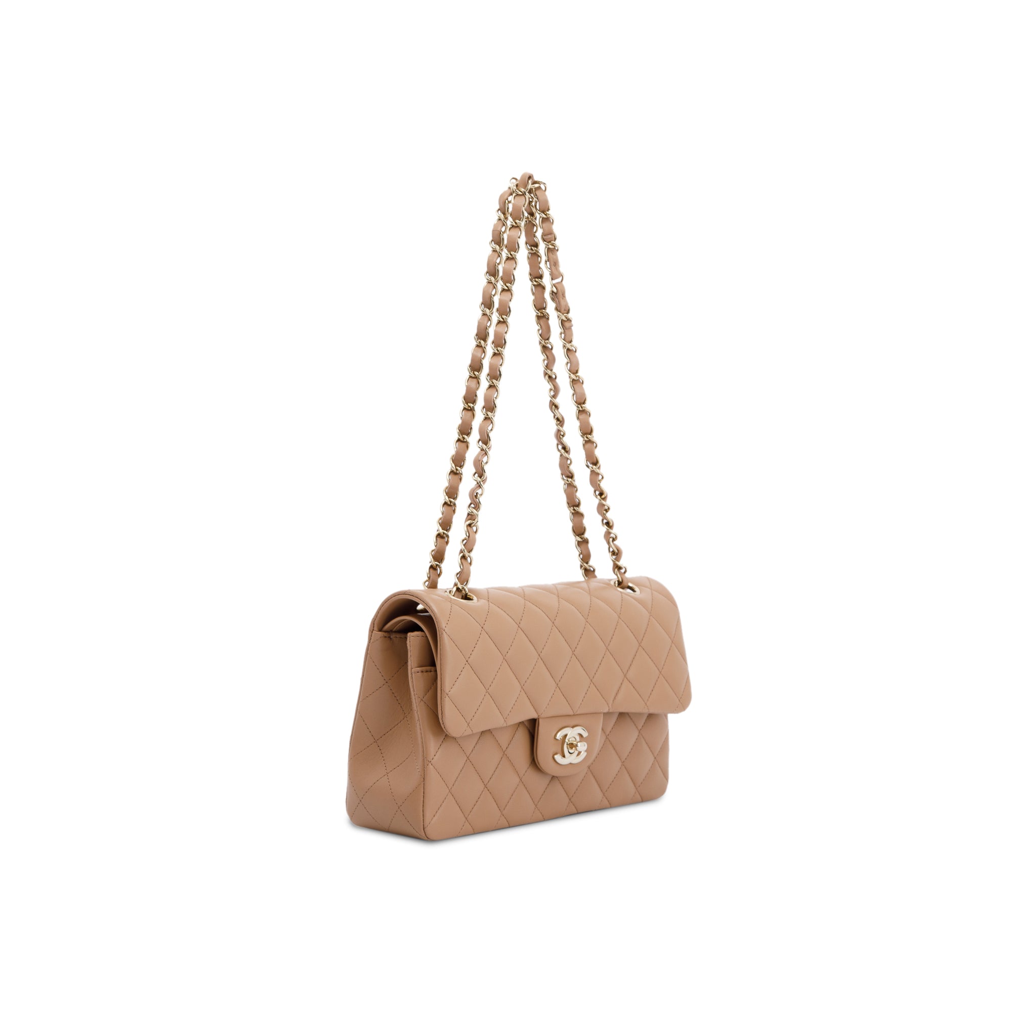 Chanel 2022 Beige Lambskin Small Classic Double Flap Bag w/ Box