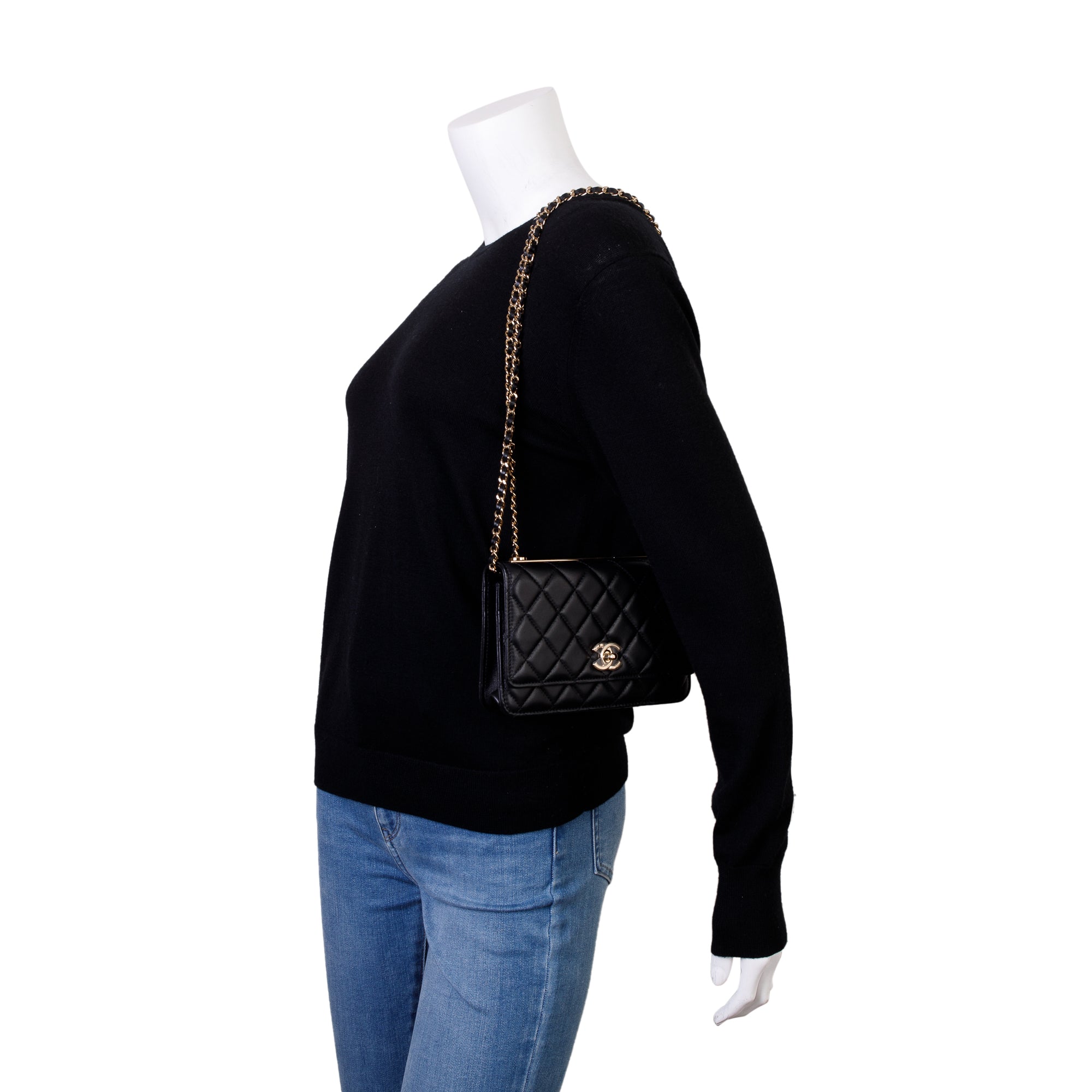 Chanel 2022 Black Lambskin Leather Trendy Wallet on Chain w/ Box