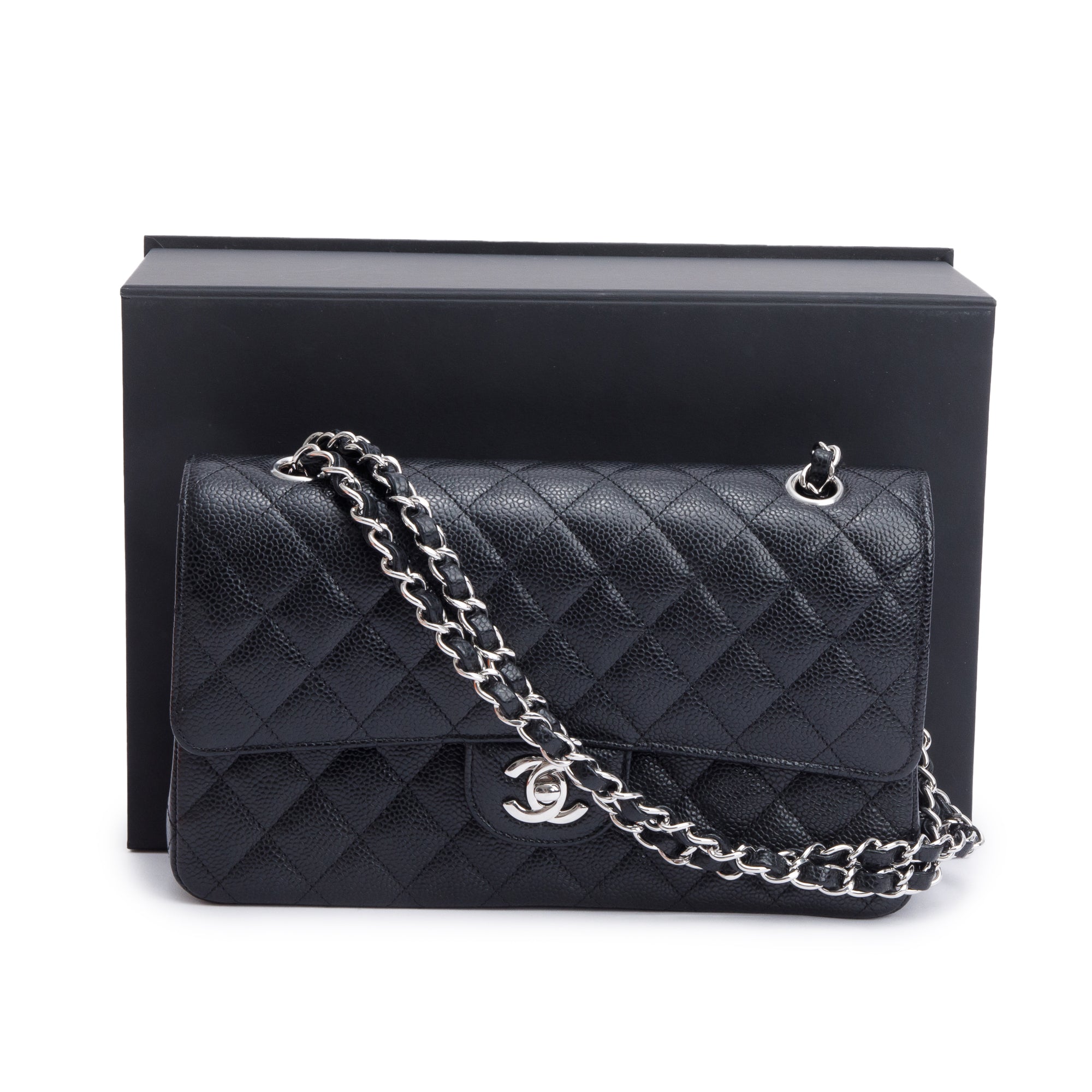 Chanel 2022 Black Quilted Caviar Leather Classic Medium Double Flap Bag w/ Box