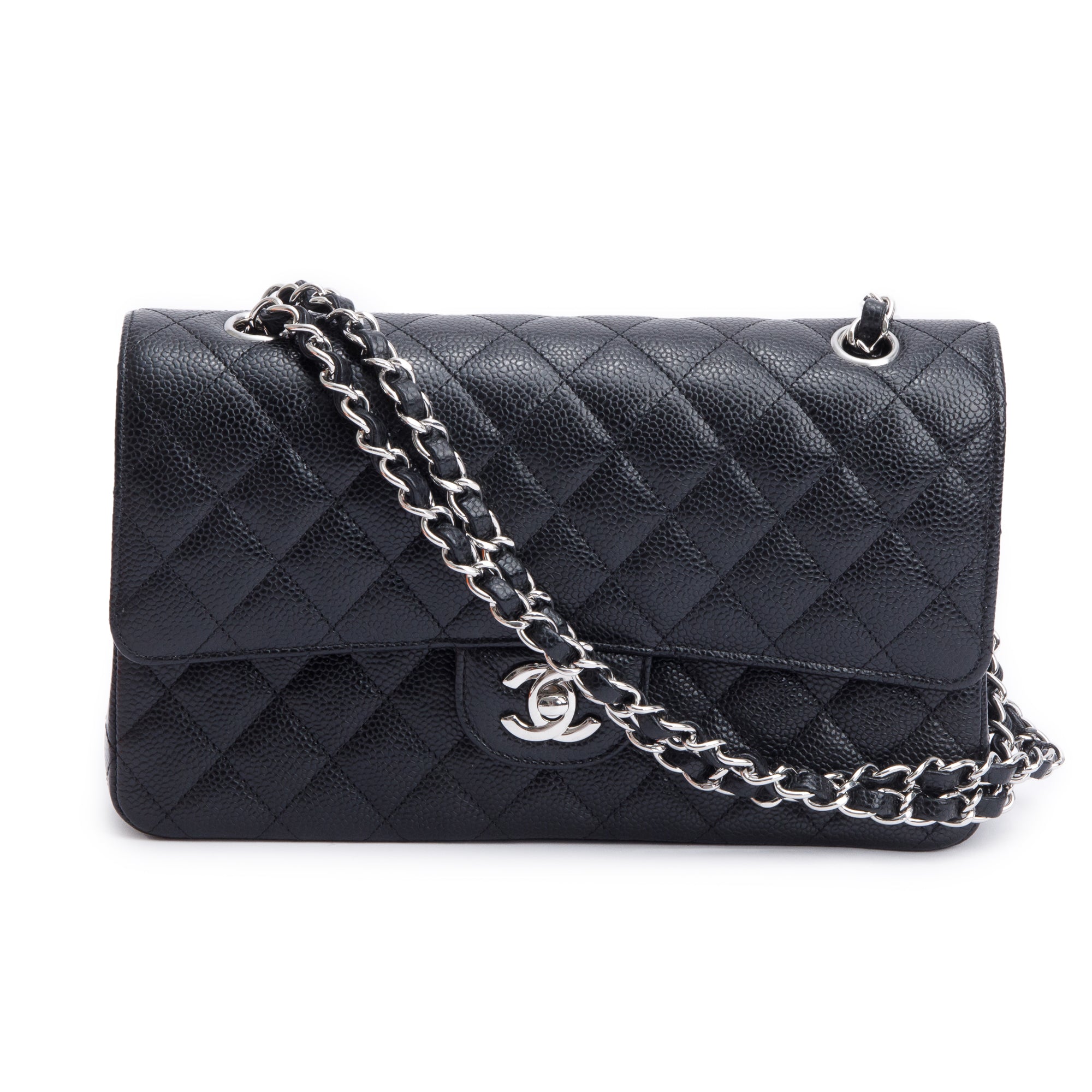 Chanel 2022 Black Quilted Caviar Leather Classic Medium Double Flap Bag w/ Box