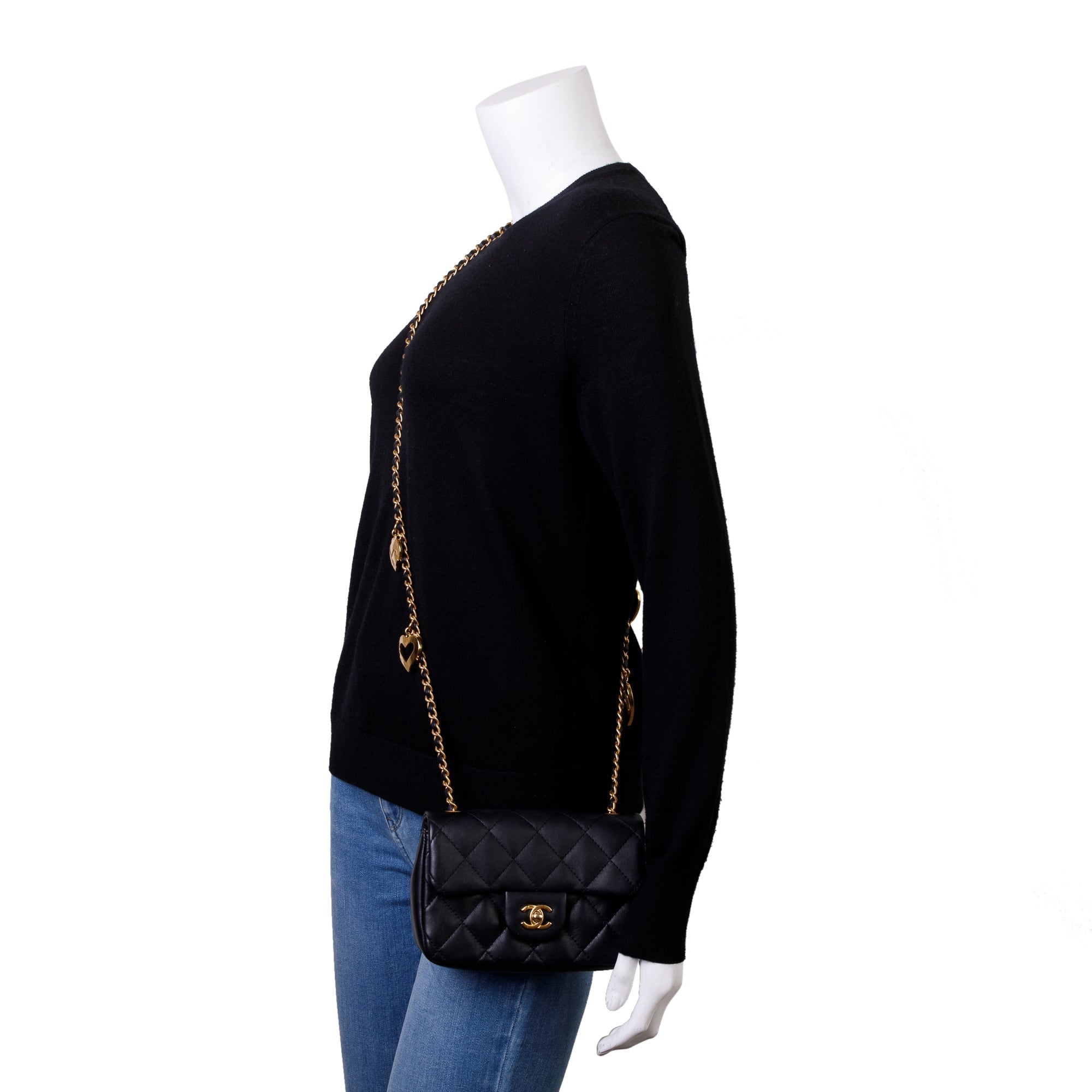 Chanel 2022 Black Quilted Lambskin Heart Charms Mini Flap Bag w/ Box