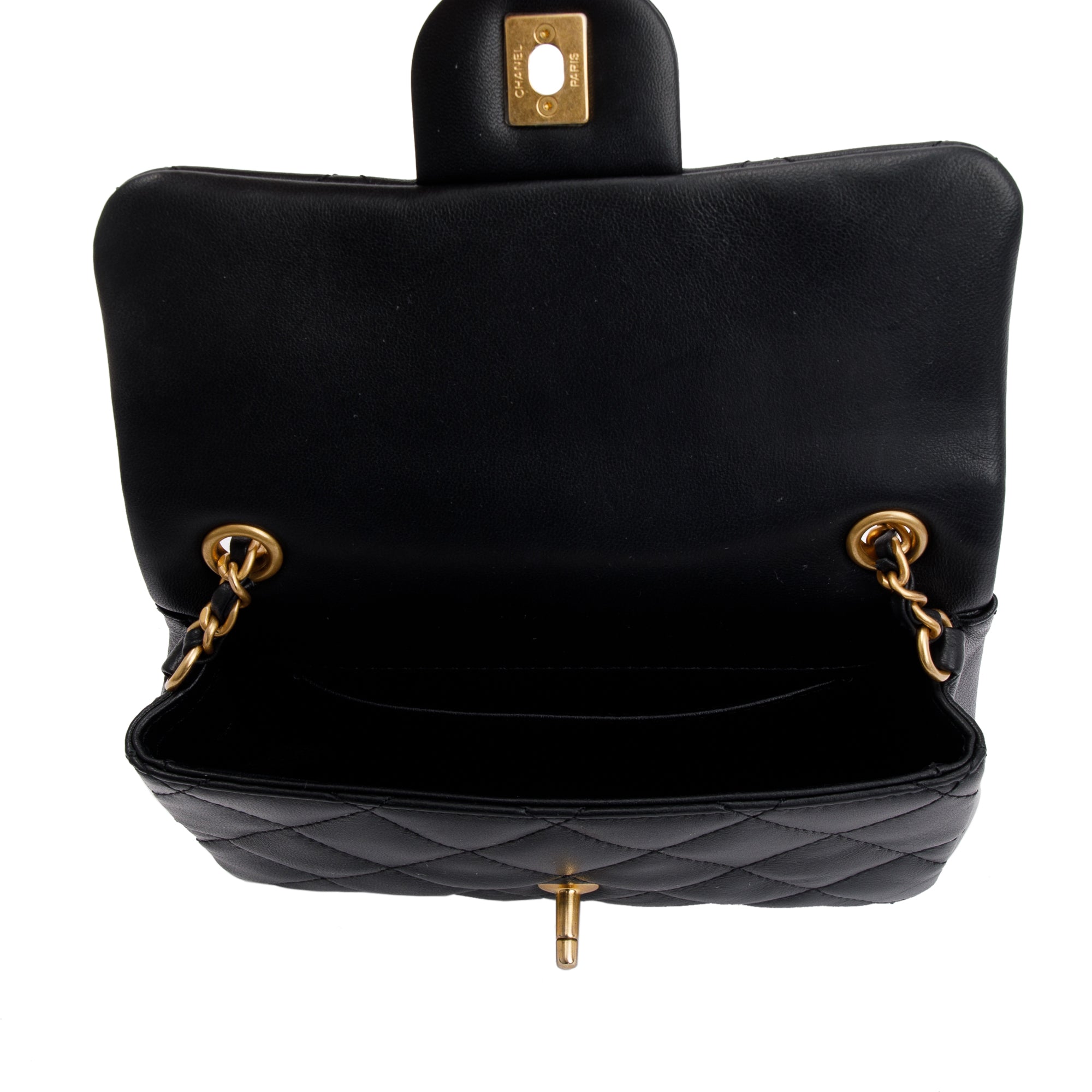 Chanel 2022 Black Quilted Lambskin Heart Charms Mini Flap Bag w/ Box