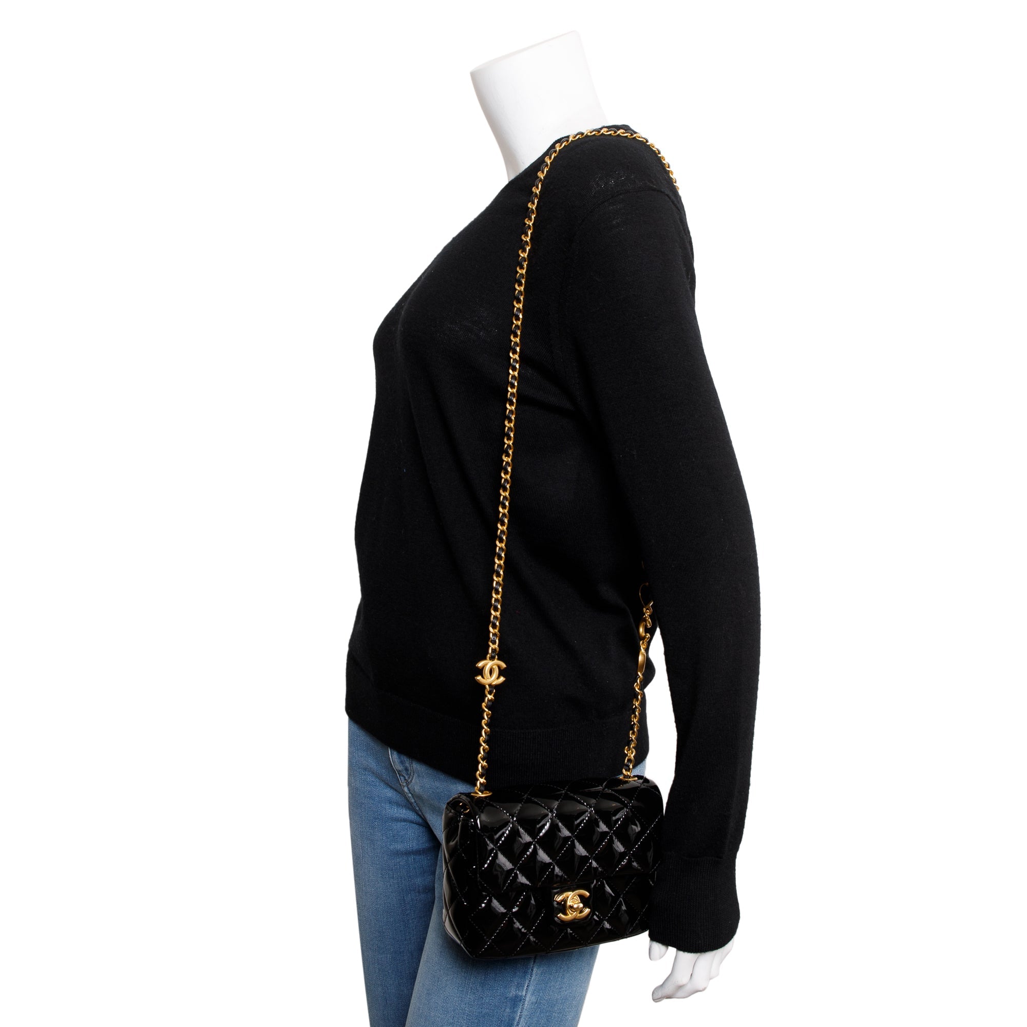 Chanel 2022 Black Quilted Patent Leather Coco De Toi Heart Square Mini Flap Bag w/ Box