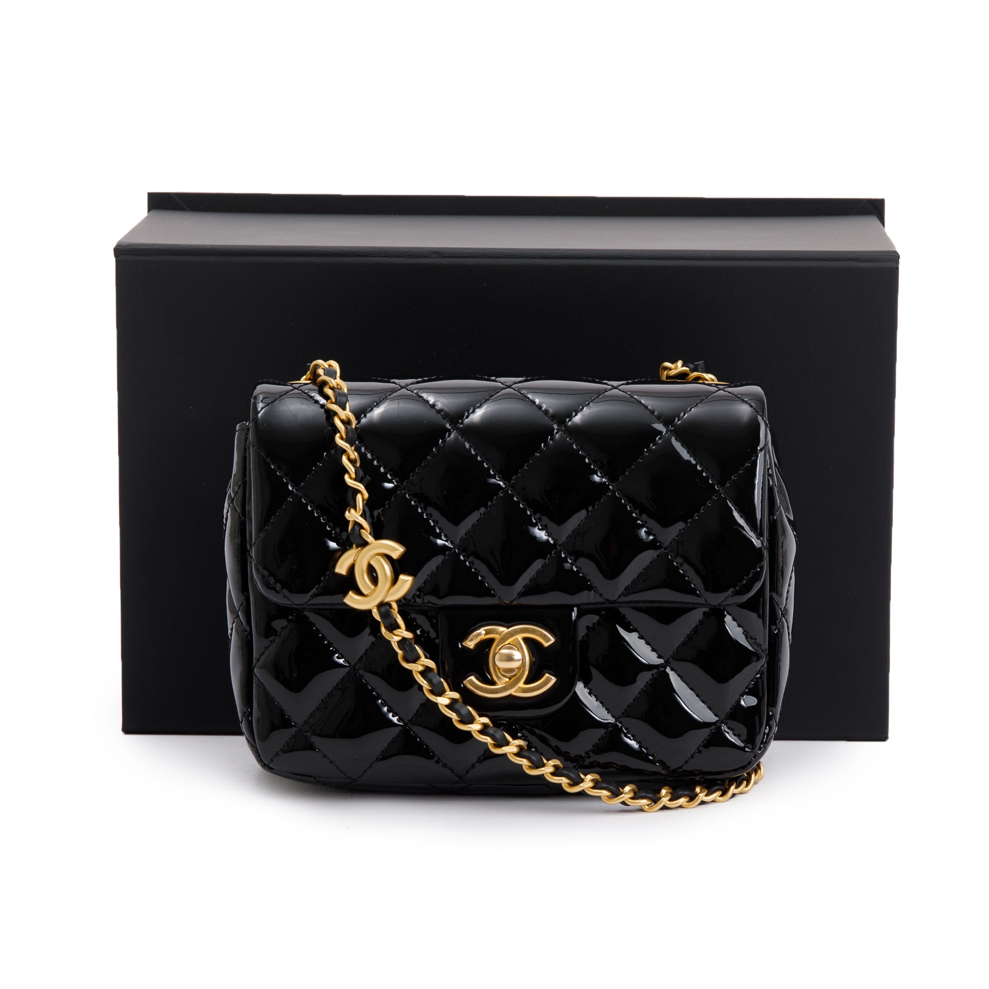 Chanel 2022 Black Quilted Patent Leather Coco De Toi Heart Square Mini Flap Bag w/ Box