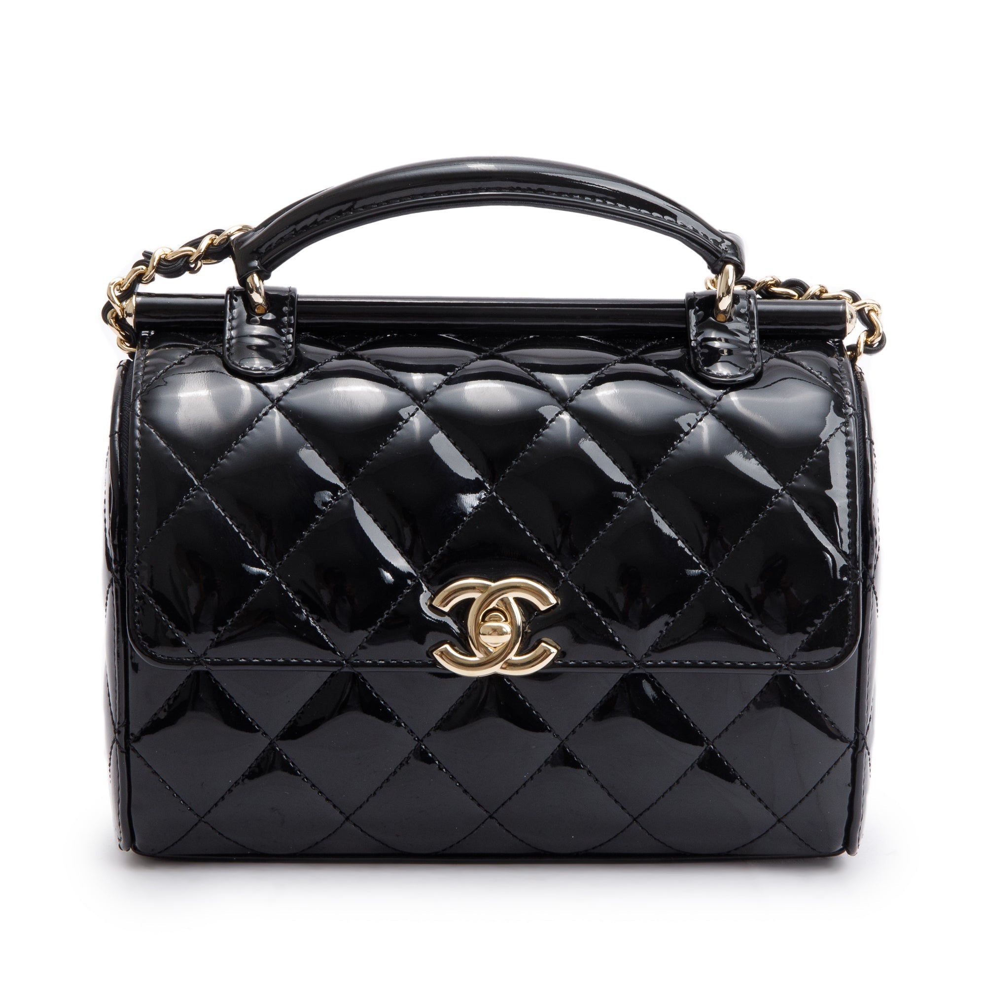 Chanel 2022 Black Quilted Patent Leather Mini Top Handle Flap Bag w/ Receipt