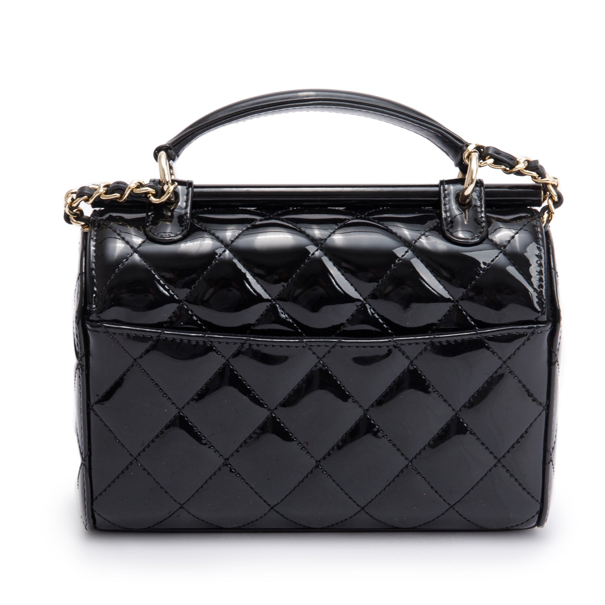 Chanel 2022 Black Quilted Patent Leather Mini Top Handle Flap Bag w/ Receipt