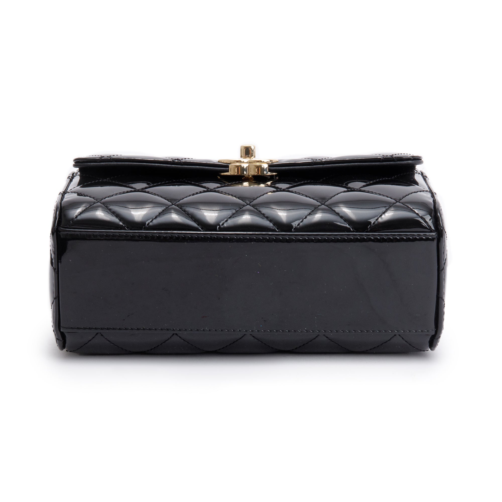 Chanel 2022 Black Quilted Patent Leather Mini Top Handle Flap Bag w/ Receipt