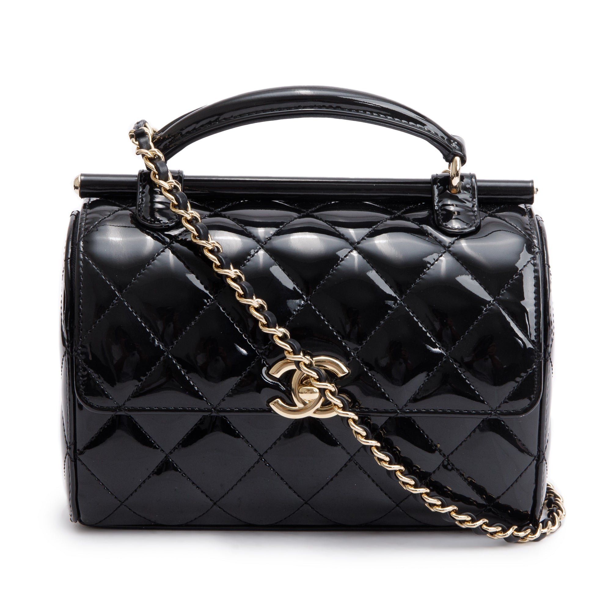 Chanel 2022 Black Quilted Patent Leather Mini Top Handle Flap Bag w/ Receipt