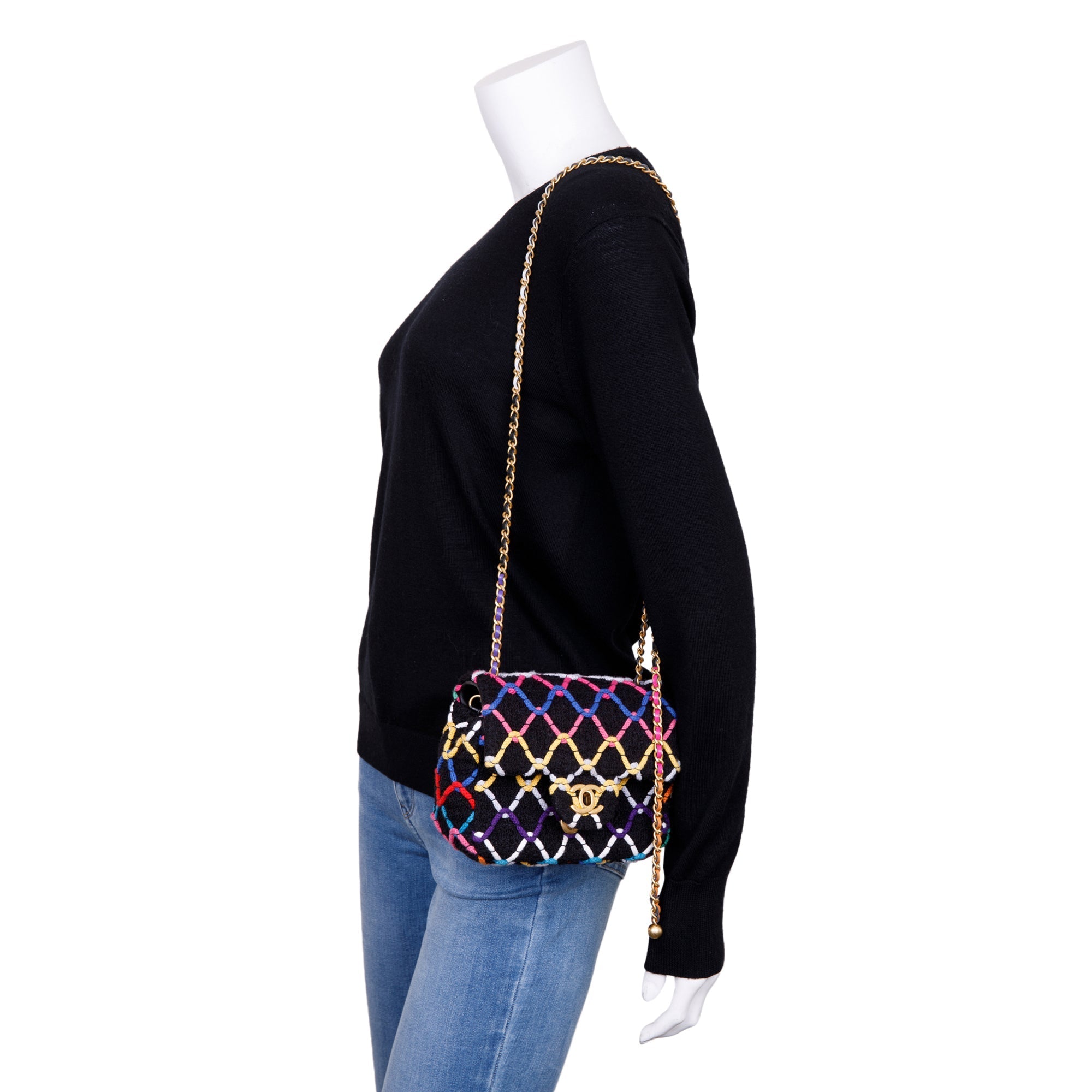 Chanel 2022 Diamond Threaded Tweed CC Pearl Crush Square Mini Flap Bag