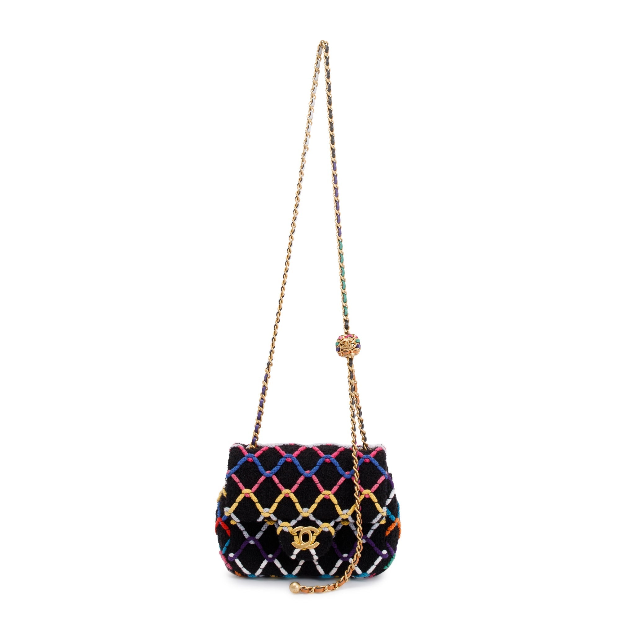 Chanel 2022 Diamond Threaded Tweed CC Pearl Crush Square Mini Flap Bag