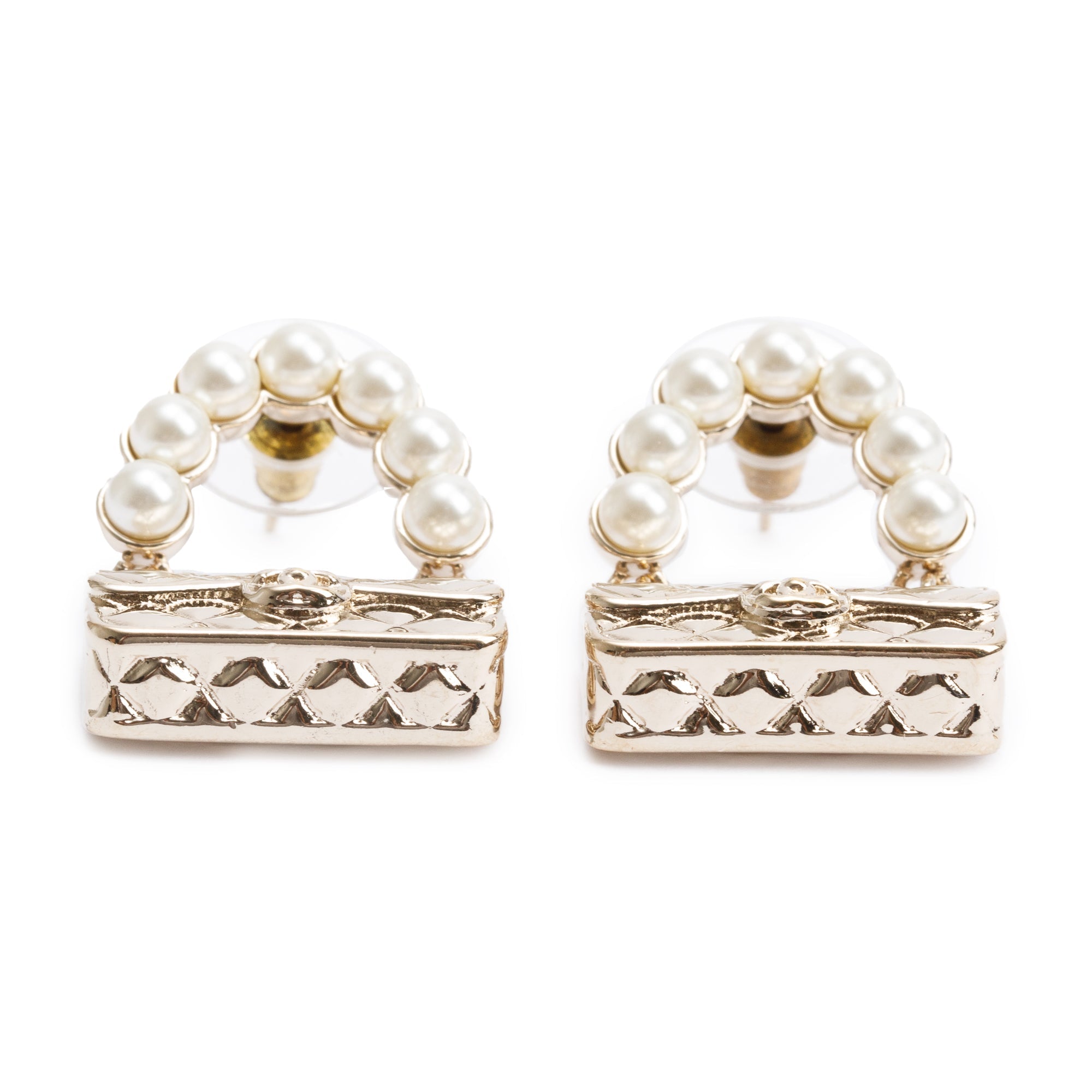 Chanel 2022 Gold Plated Faux Pearl Purse Drop Earrings w/ Box