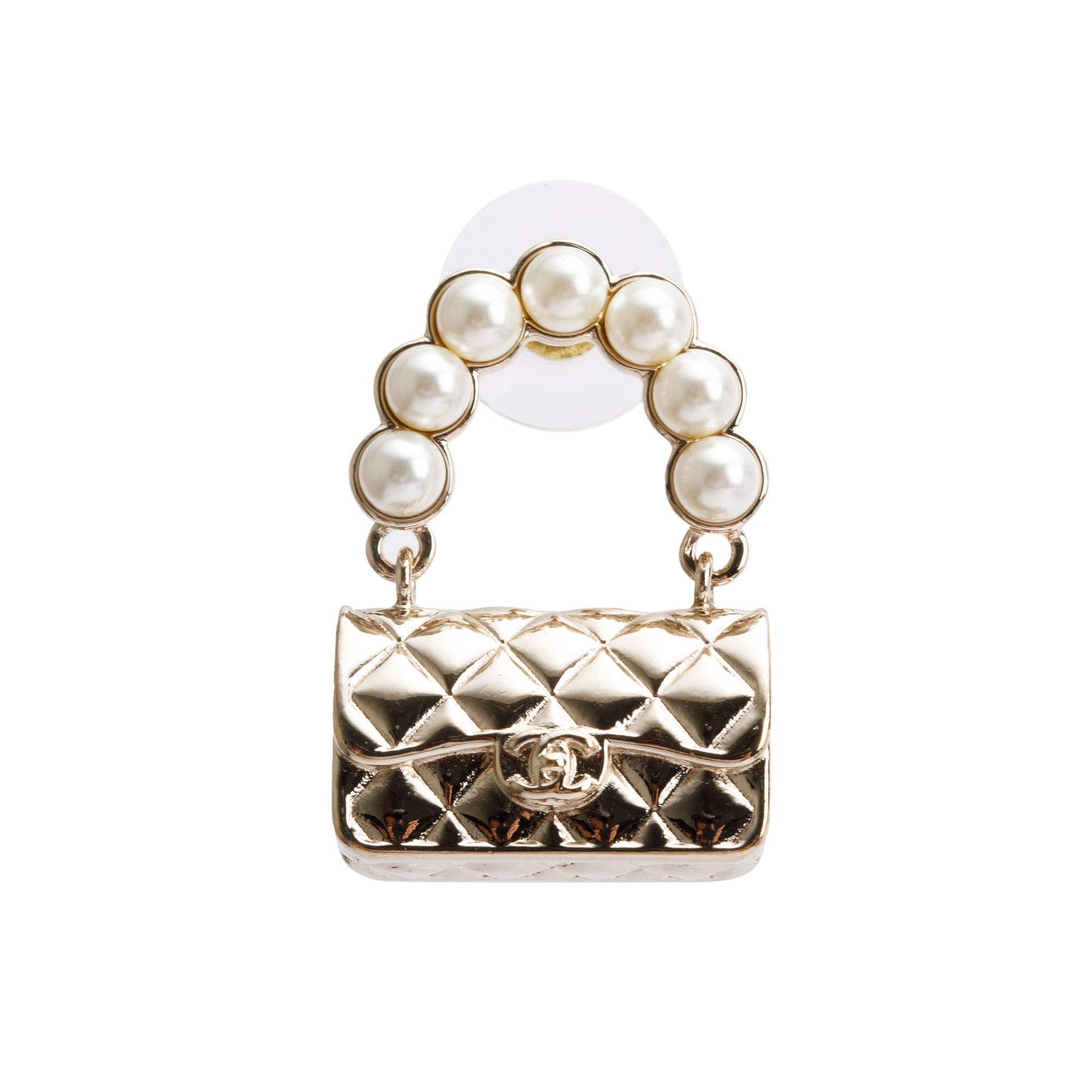 Chanel 2022 Gold Plated Faux Pearl Purse Drop Earrings w/ Box