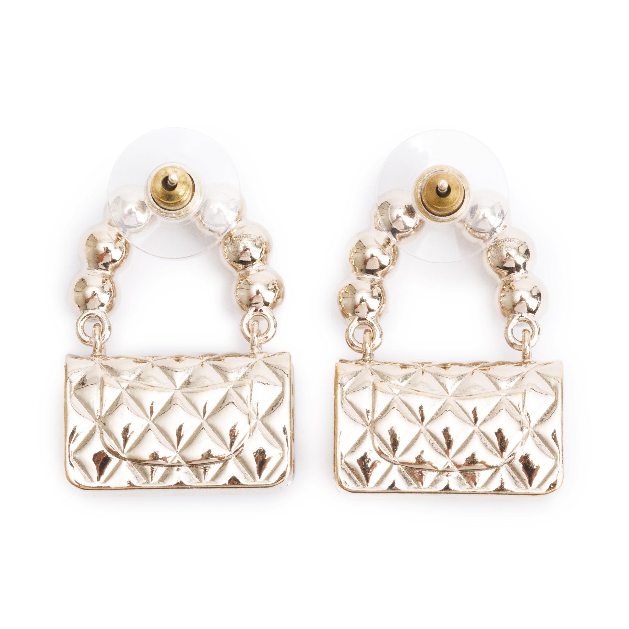 Chanel 2022 Gold Plated Faux Pearl Purse Drop Earrings w/ Box