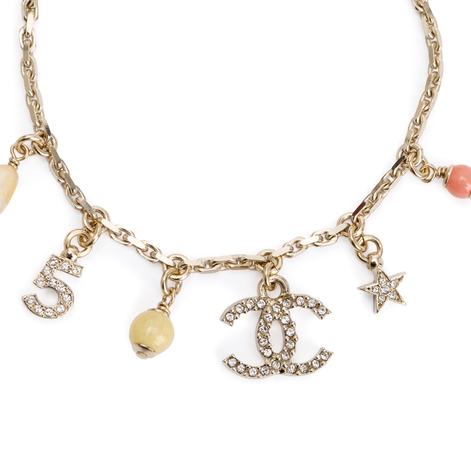 Chanel 2022 Gold Plated Faux Pearl, Strass & Bead CC Charm Bracelet w/ Box