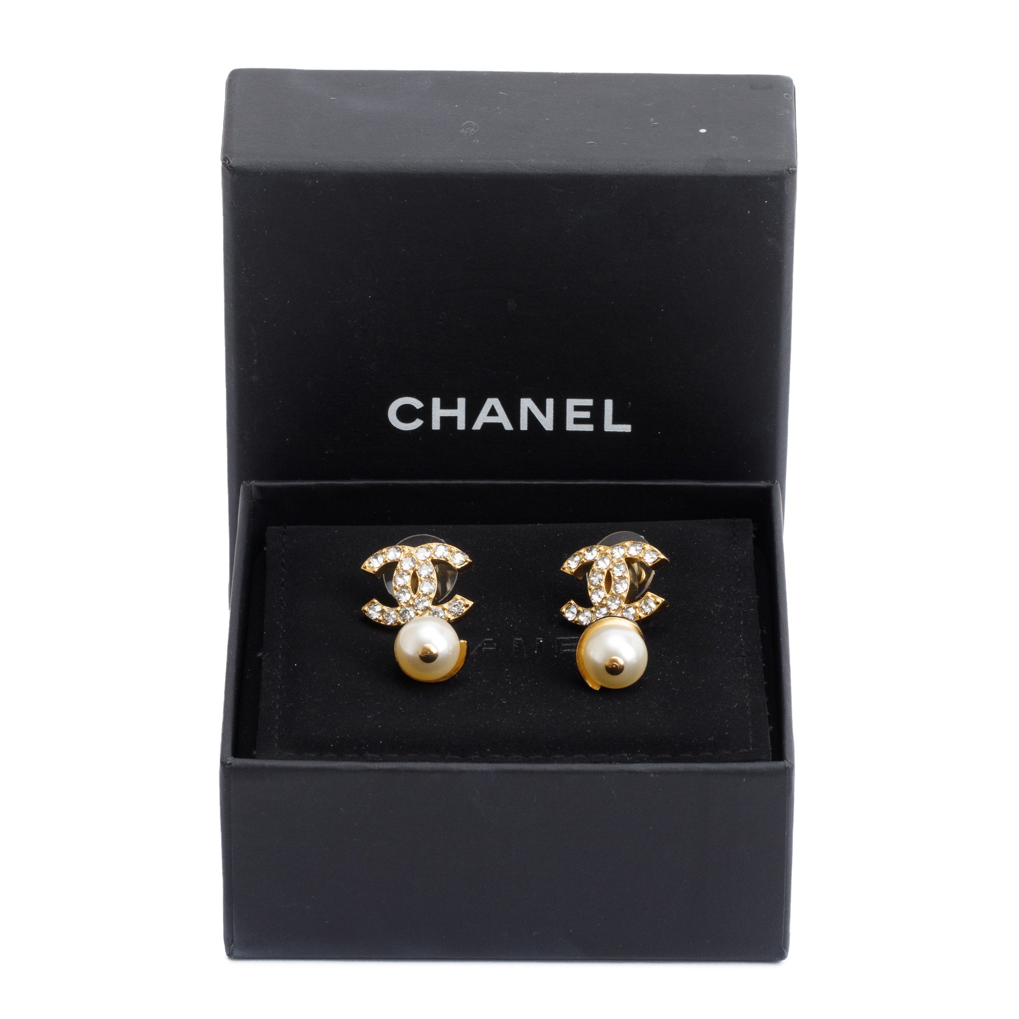 Chanel 2022 Gold Plated Faux Pearl Strass CC Drop Earrings w/ Box