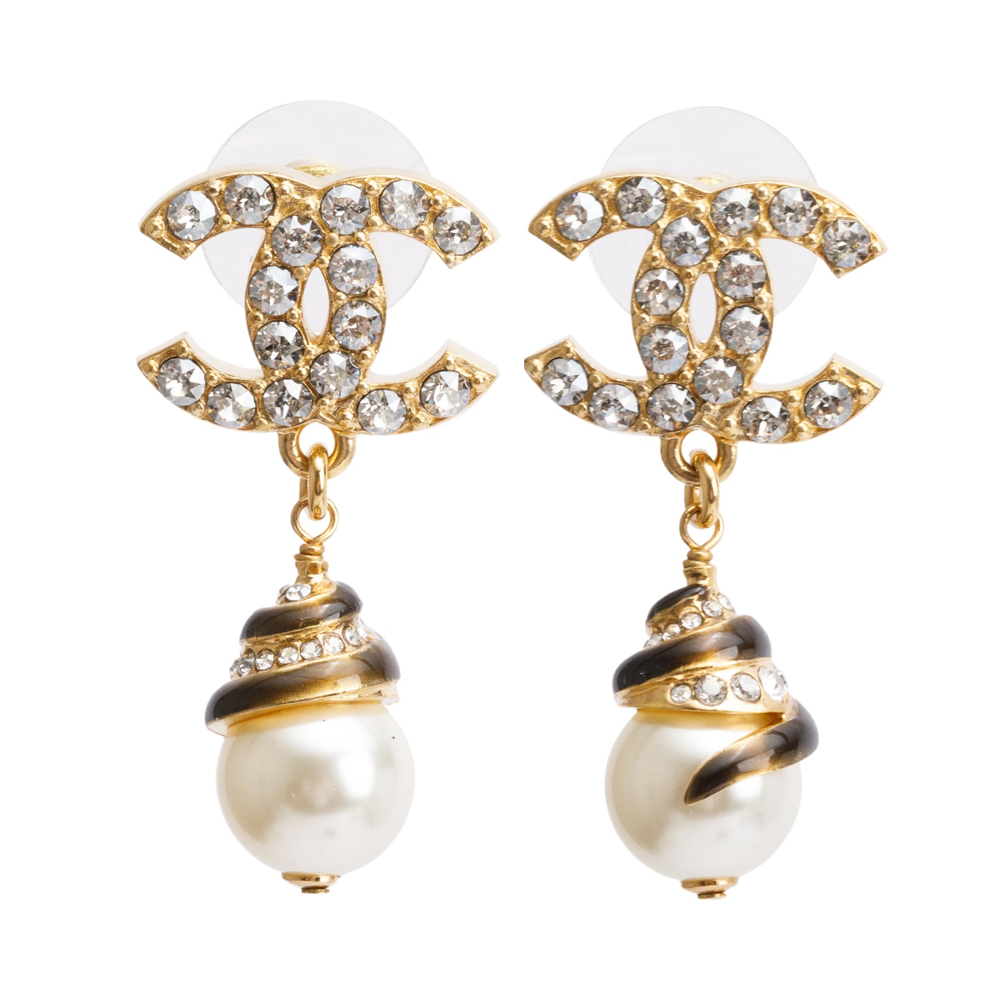 Chanel 2022 Gold Plated Faux Pearl Strass CC Drop Earrings w/ Box