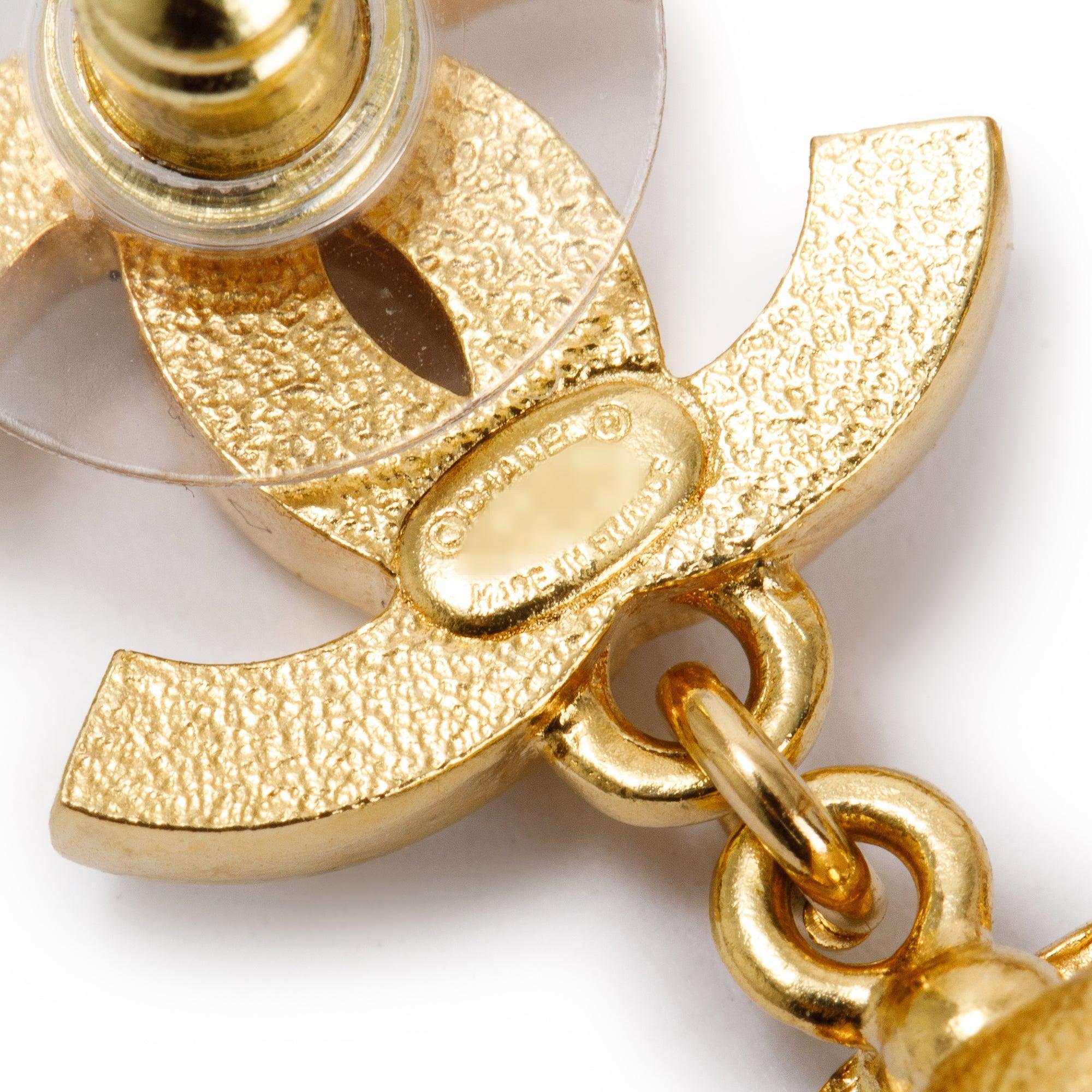 Chanel 2022 Gold Plated Faux Pearl & Strass CC Drop Earrings w/ Box