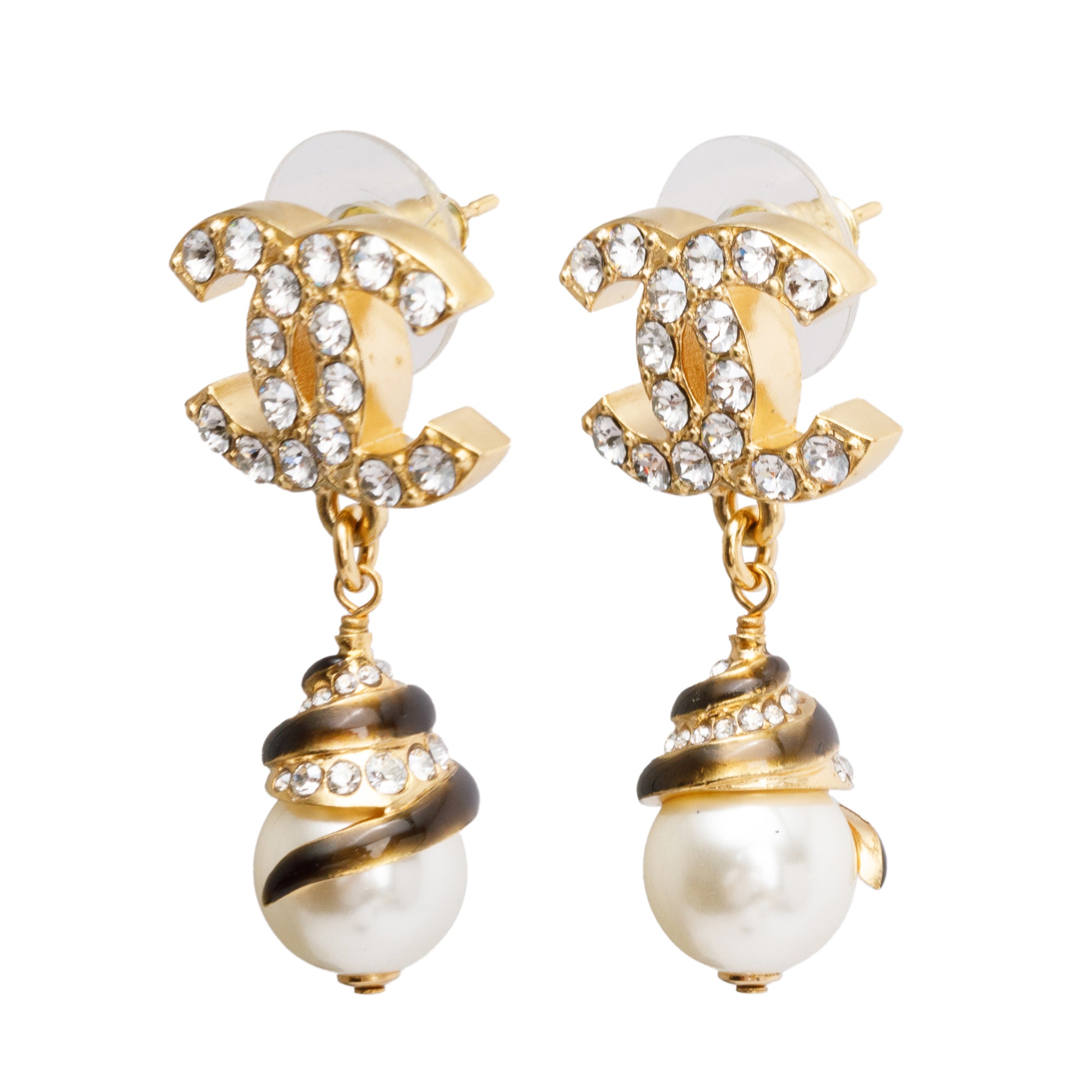 Chanel 2022 Gold Plated Faux Pearl Strass CC Drop Earrings w/ Box