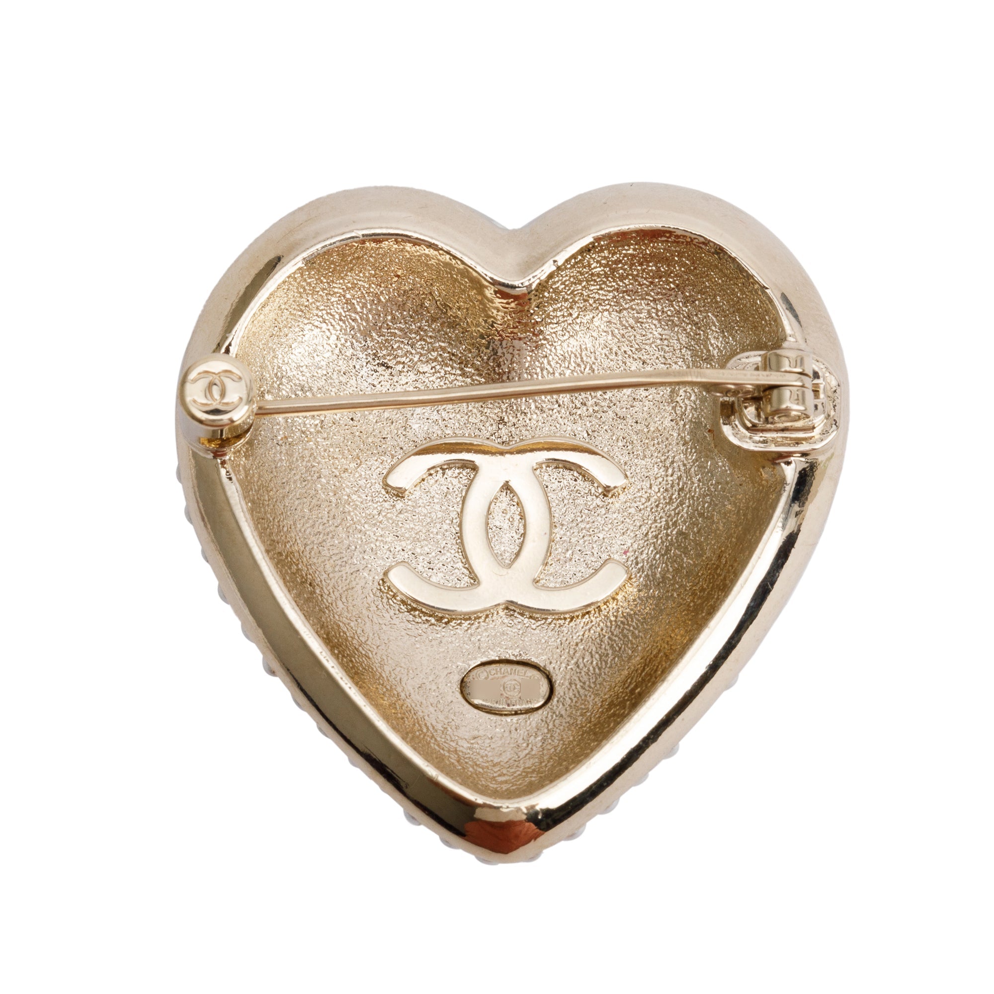 Chanel 2022 Gold Plated Faux Pearl & Strass CC Heart Pin Brooch