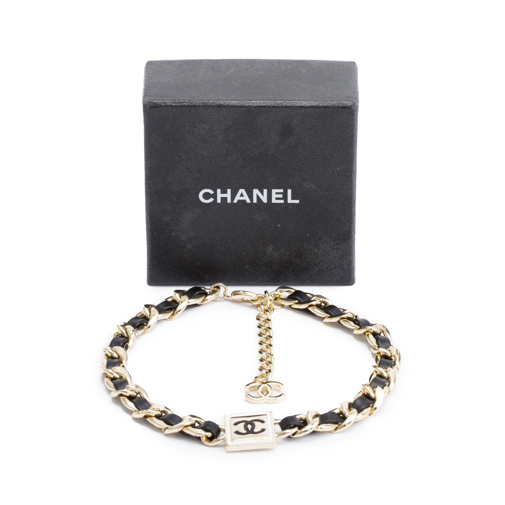 Chanel 2022 Gold Plated Leather & Enamel CC Choker Necklace w/ Box