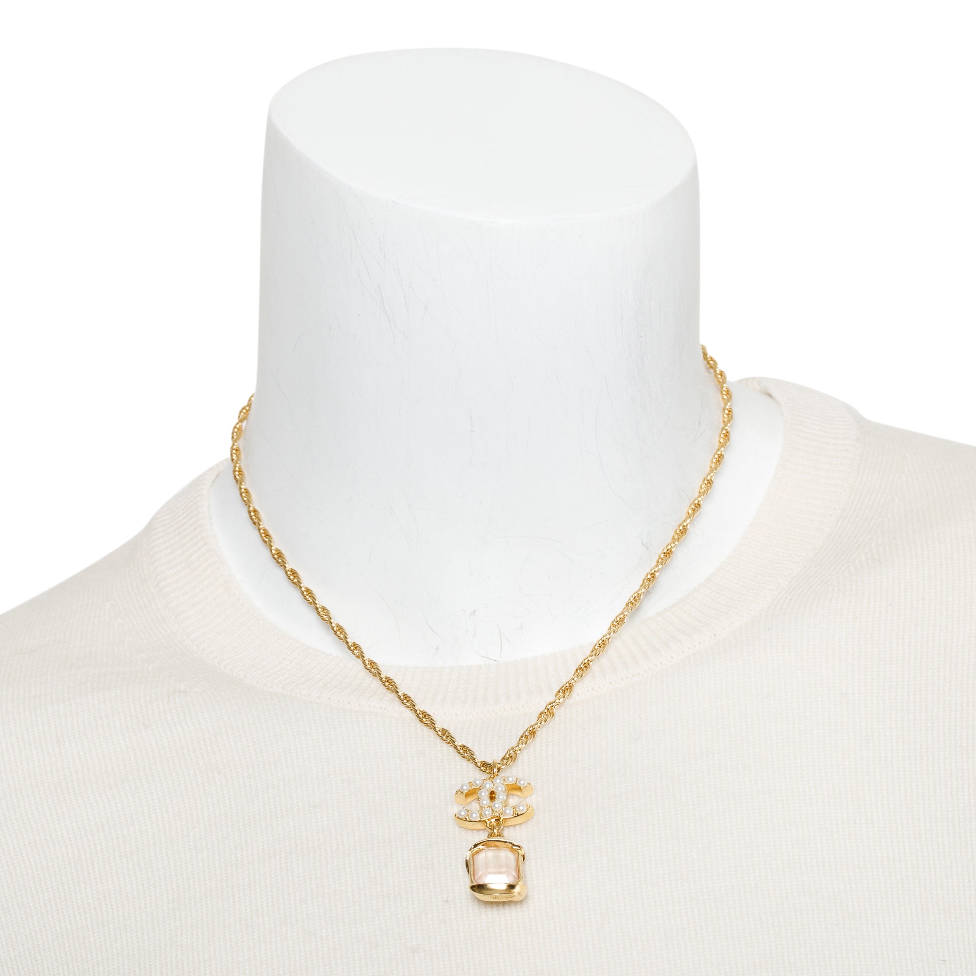 Chanel 2022 Gold-Plated Strass & Faux Pearl CC Drop Pendant Necklace w/ Box