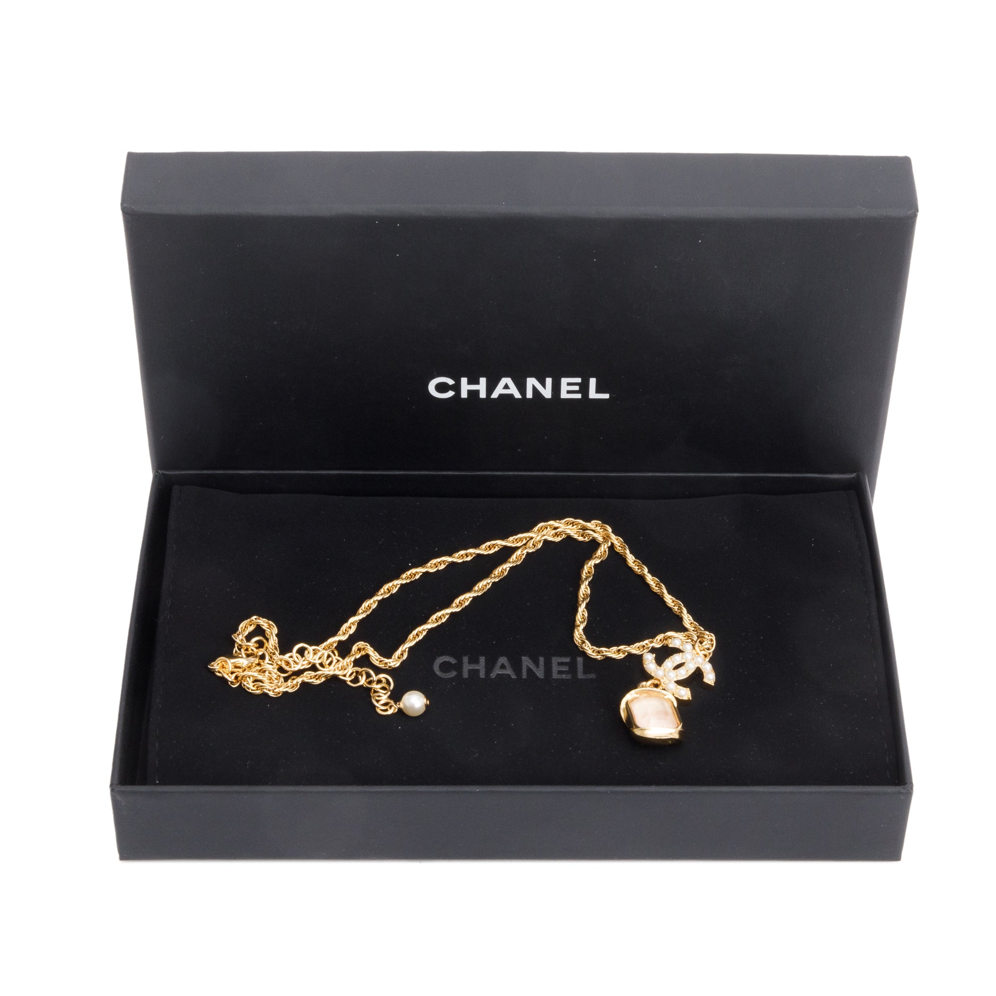Chanel 2022 Gold-Plated Strass & Faux Pearl CC Drop Pendant Necklace w/ Box