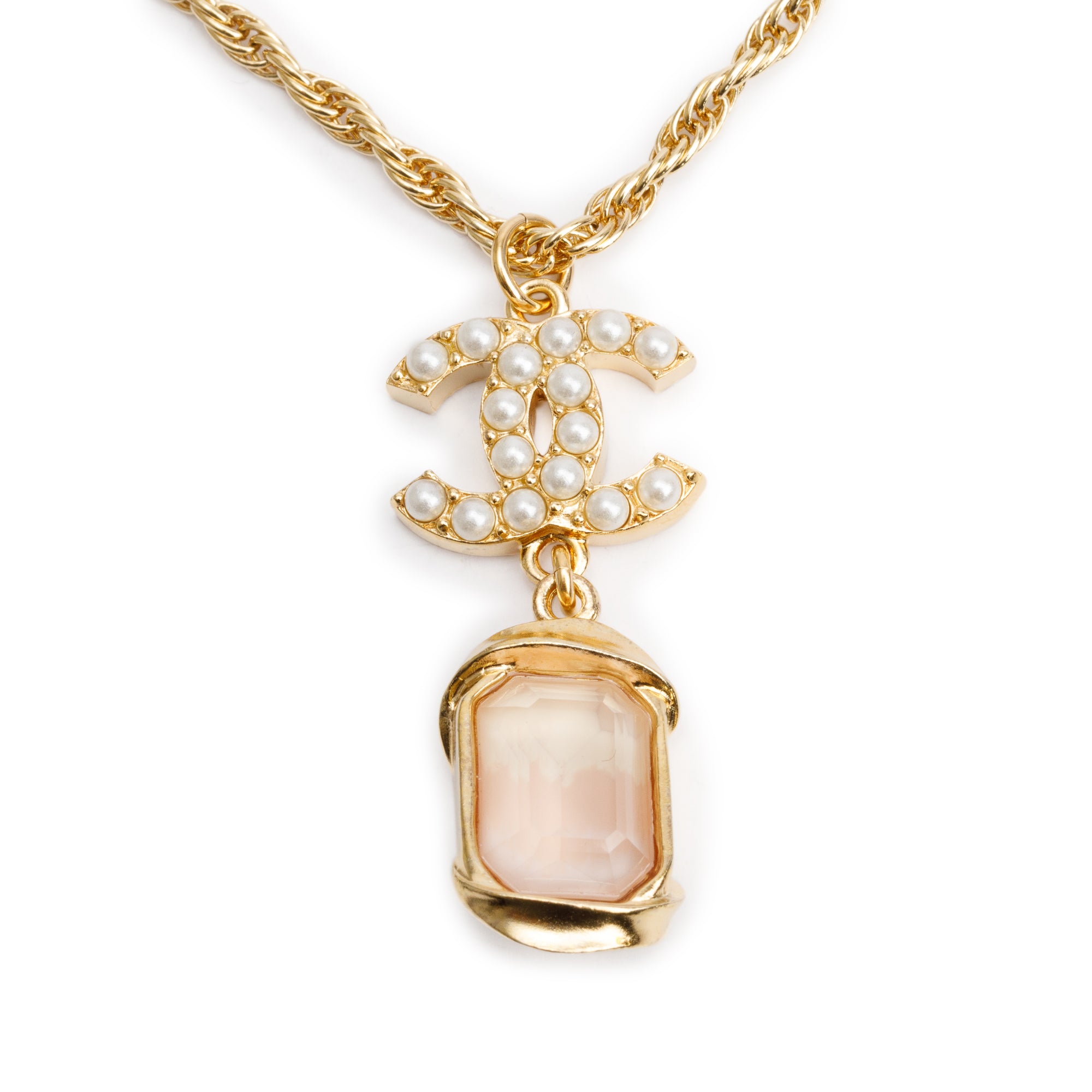 Chanel 2022 Gold-Plated Strass & Faux Pearl CC Drop Pendant Necklace w/ Box