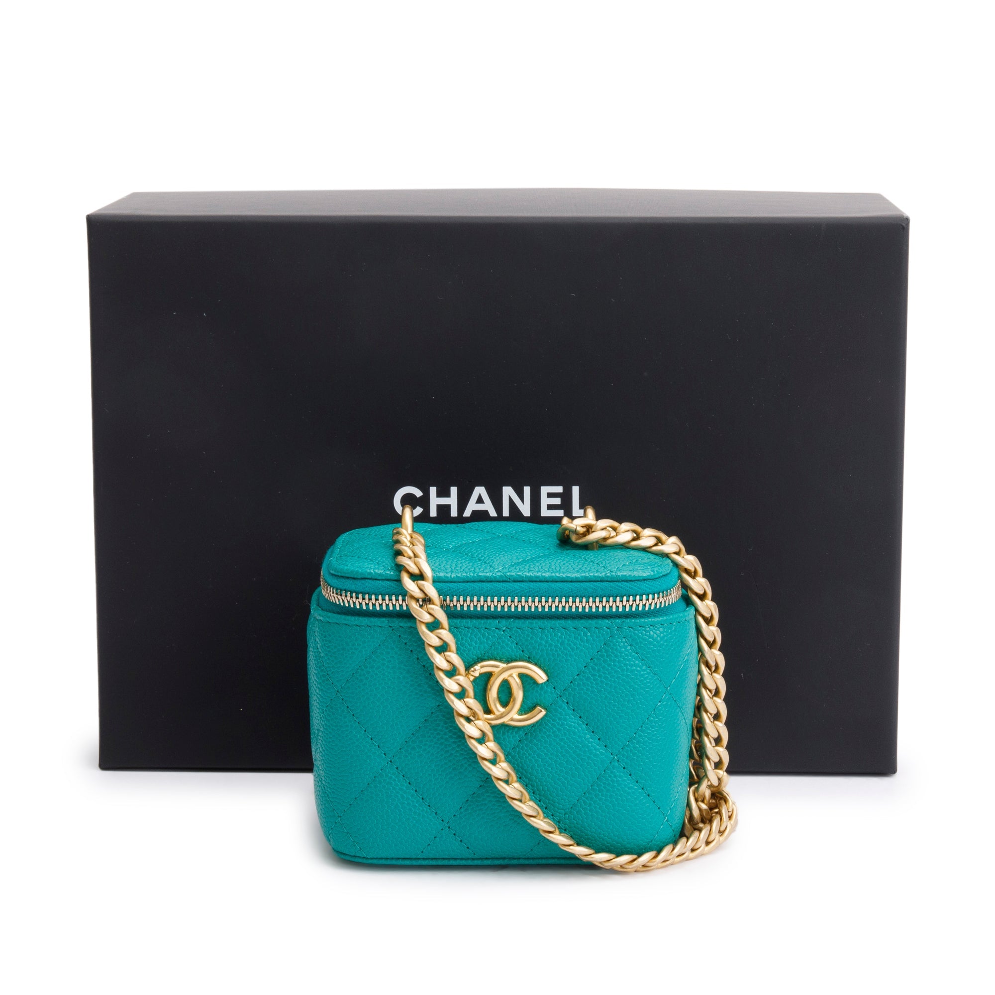 Chanel 2022 Green Caviar Leather Mini Heart Crush Vanity Case w/ Box