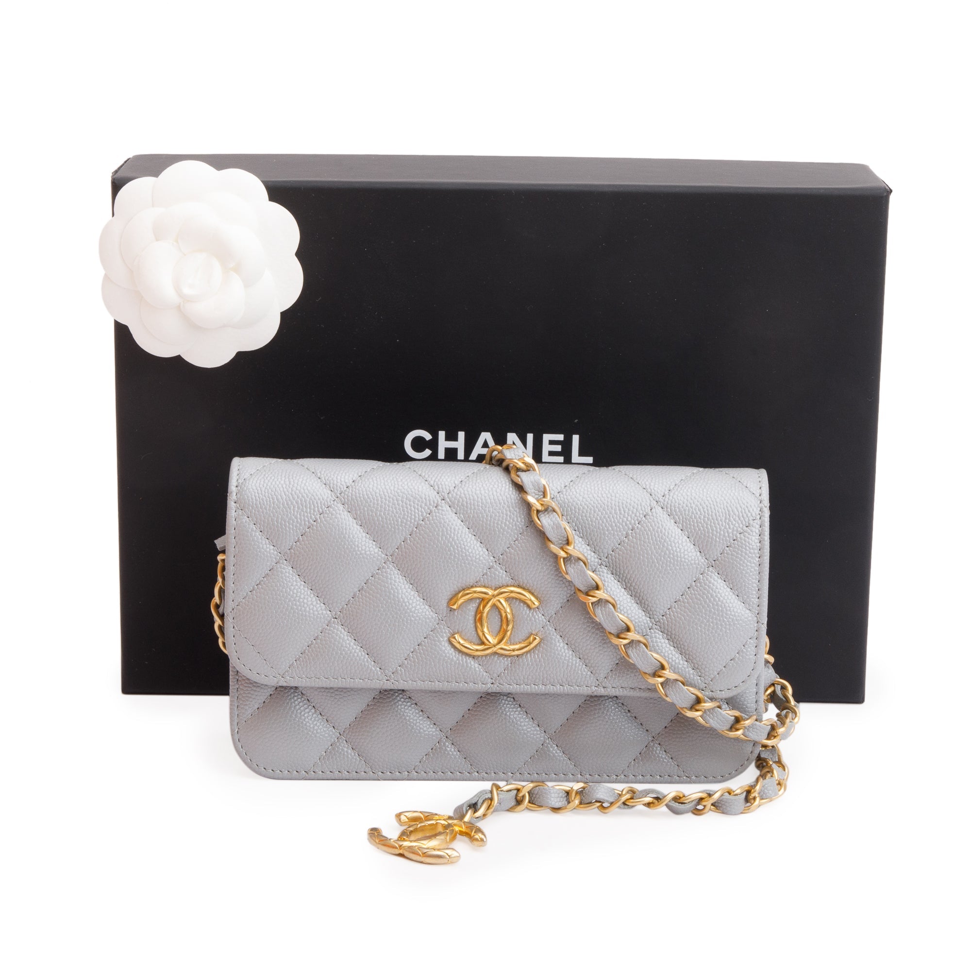 Chanel 2022 Grey Quilted Caviar Leather Classic Phone Holder on Chain w/ Box