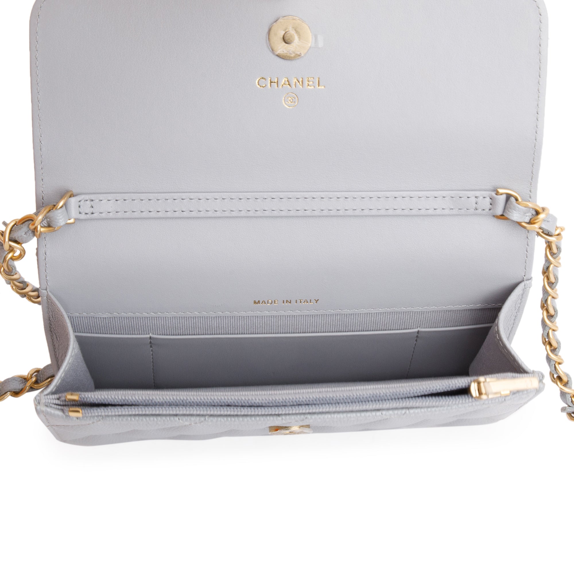 Chanel 2022 Grey Quilted Caviar Leather Classic Phone Holder on Chain w/ Box