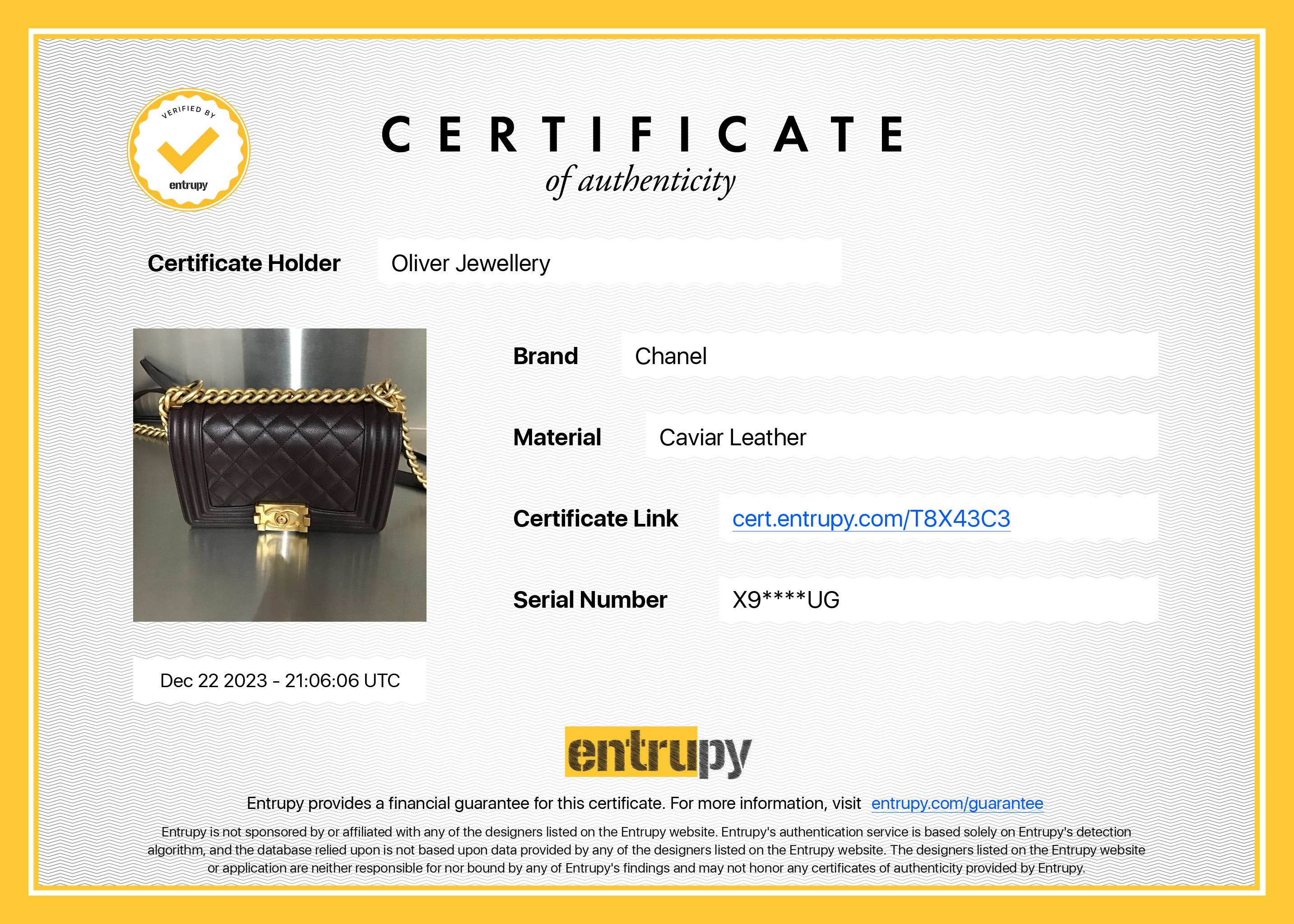 Chanel 2022 Marron Caviar Leather Small Boy Bag w/ Box & Receipt