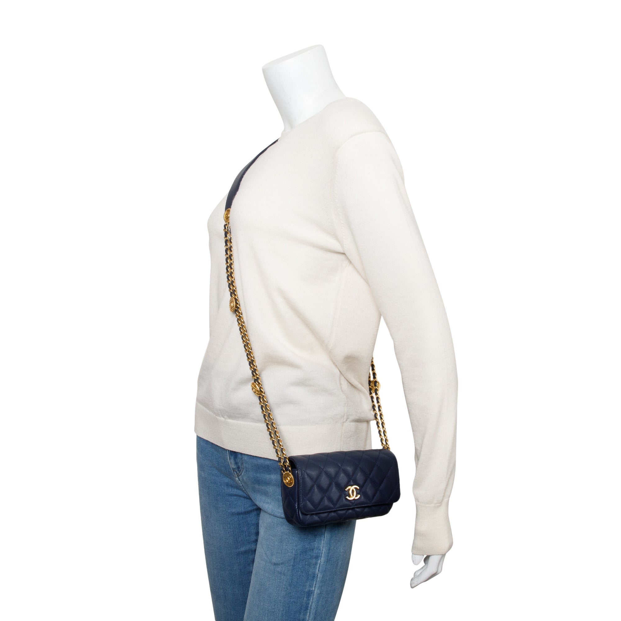 Chanel 2022 Navy Quilted Caviar Leather Twist Your Button Flap Phone Holder Crossbody Bag