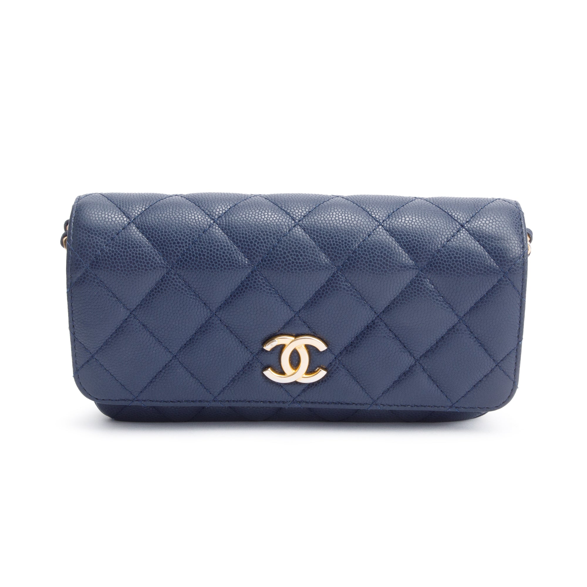 Chanel 2022 Navy Quilted Caviar Leather Twist Your Button Flap Phone Holder Crossbody Bag