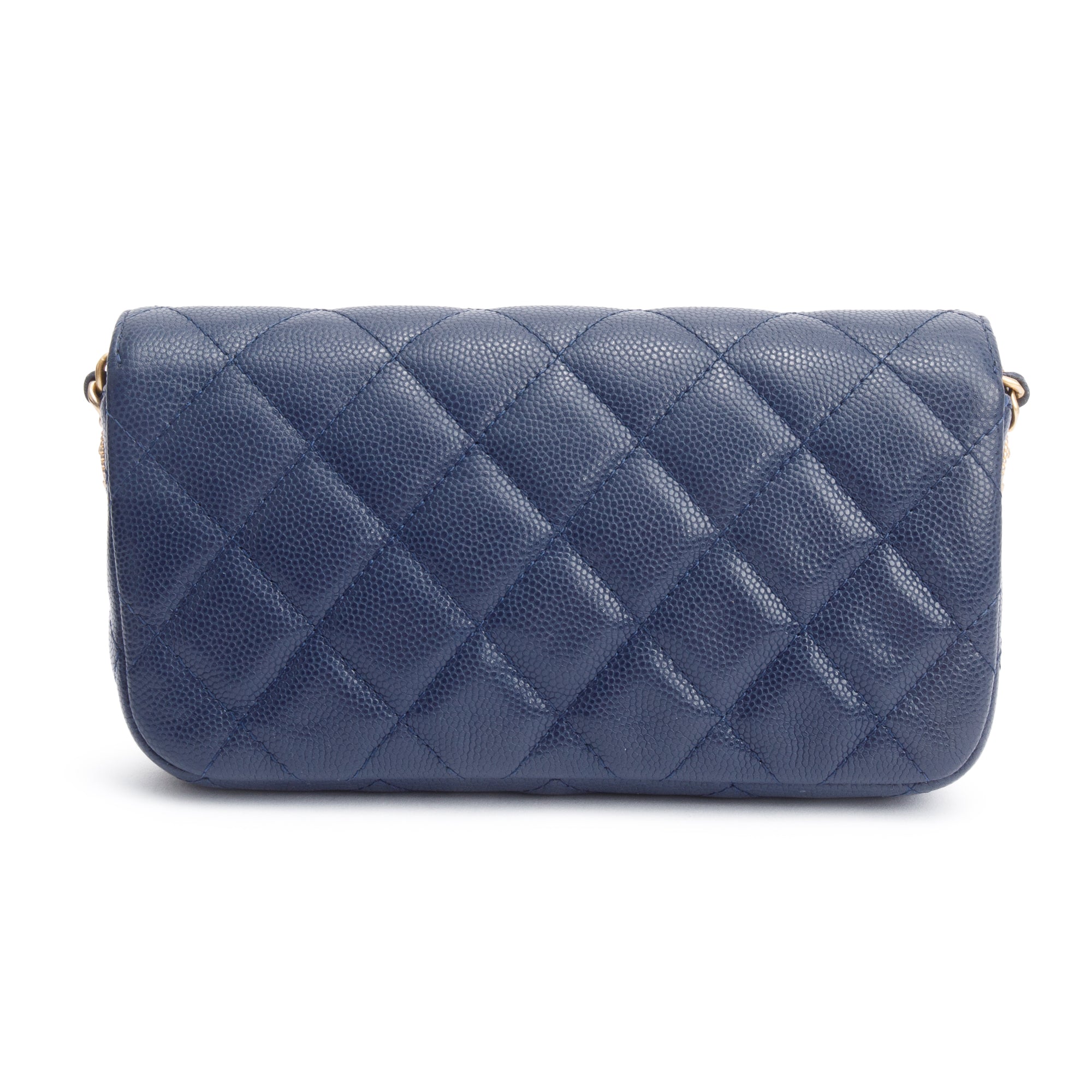Chanel 2022 Navy Quilted Caviar Leather Twist Your Button Flap Phone Holder Crossbody Bag